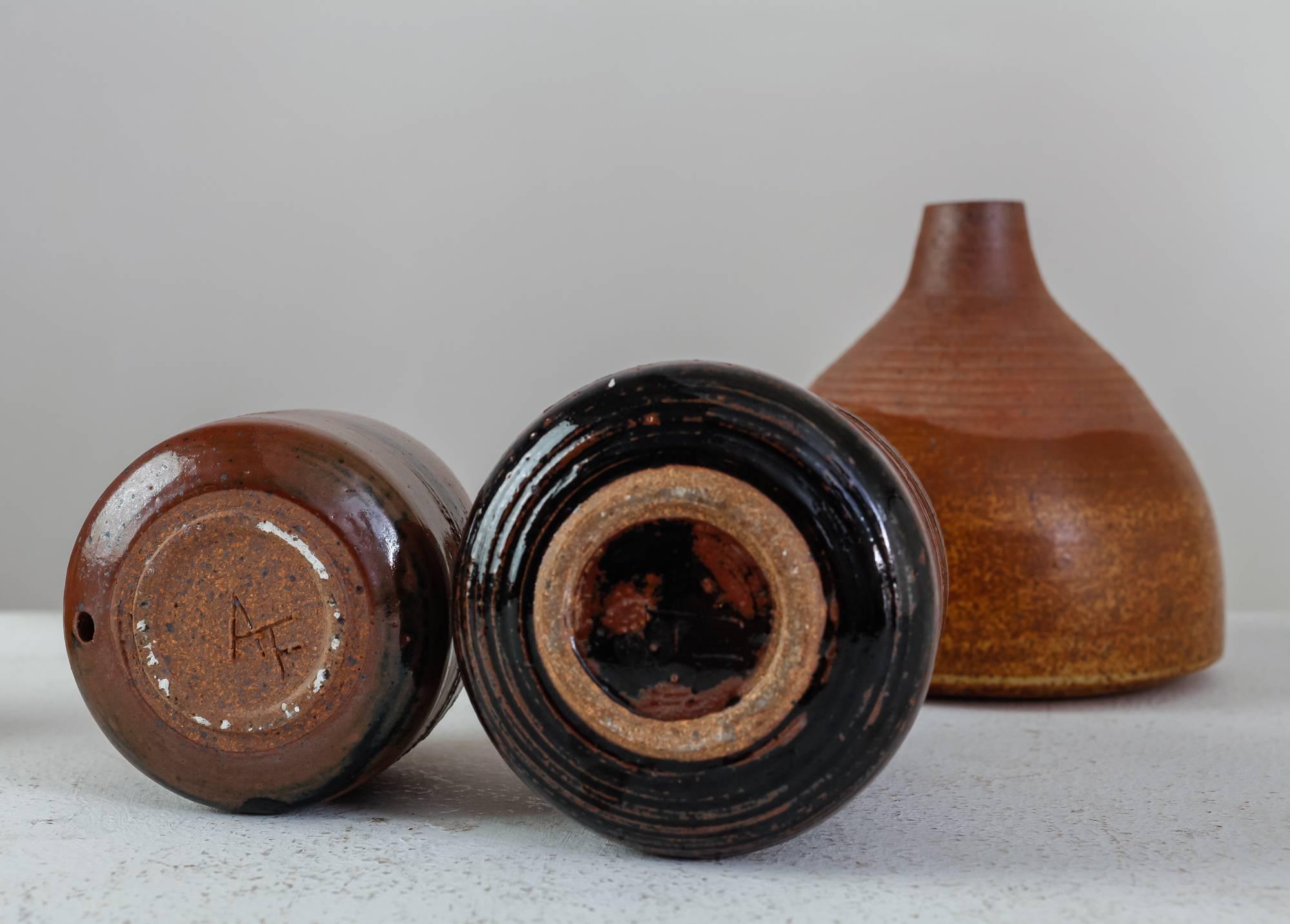 Glazed Franco Agnese Set of Six Brown to Black Ceramic Vases, France, 1960s For Sale