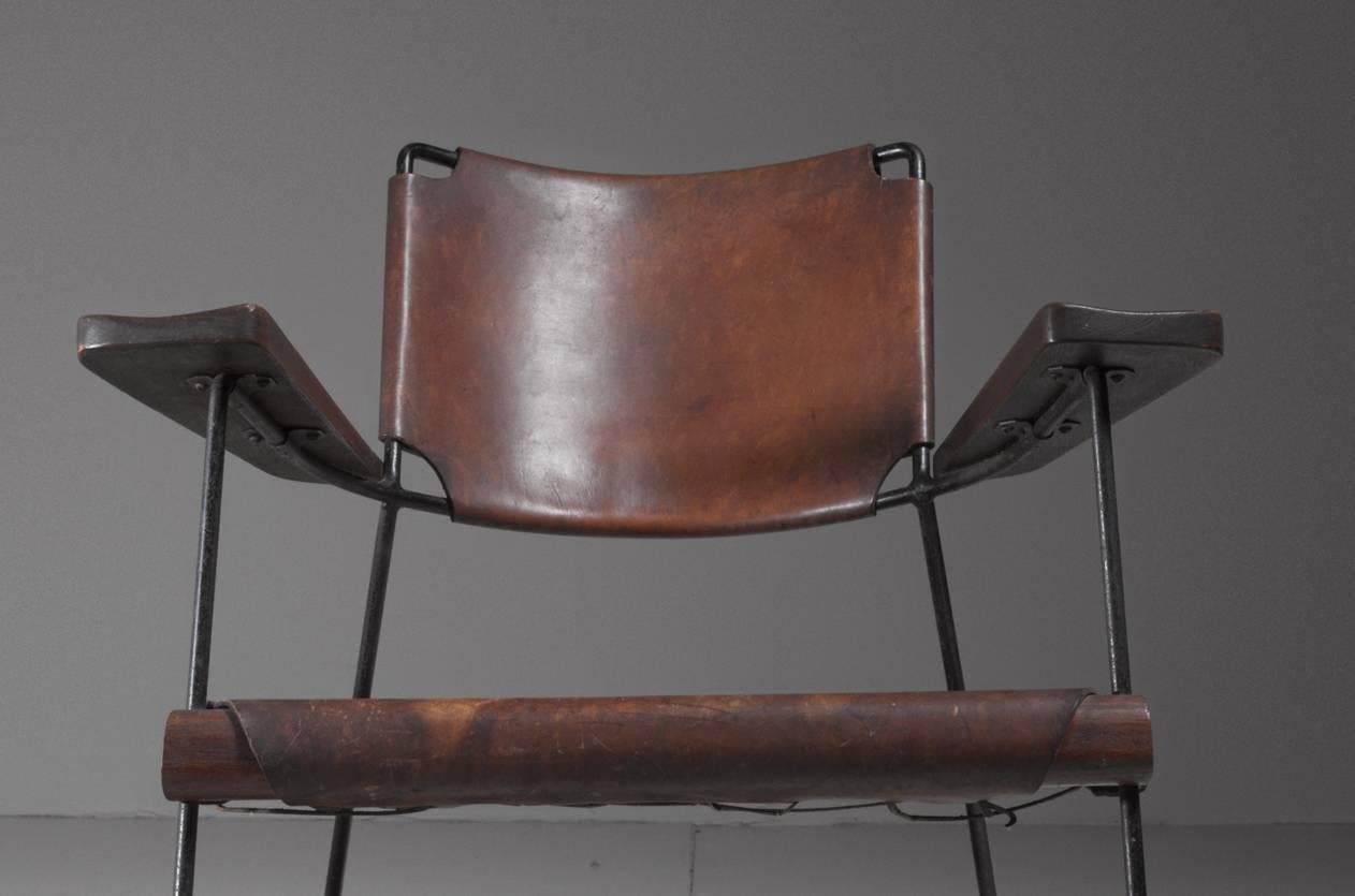 Mid-20th Century Rare Studio Furniture Chair with Heavy Saddle Leather, American, 1950s For Sale