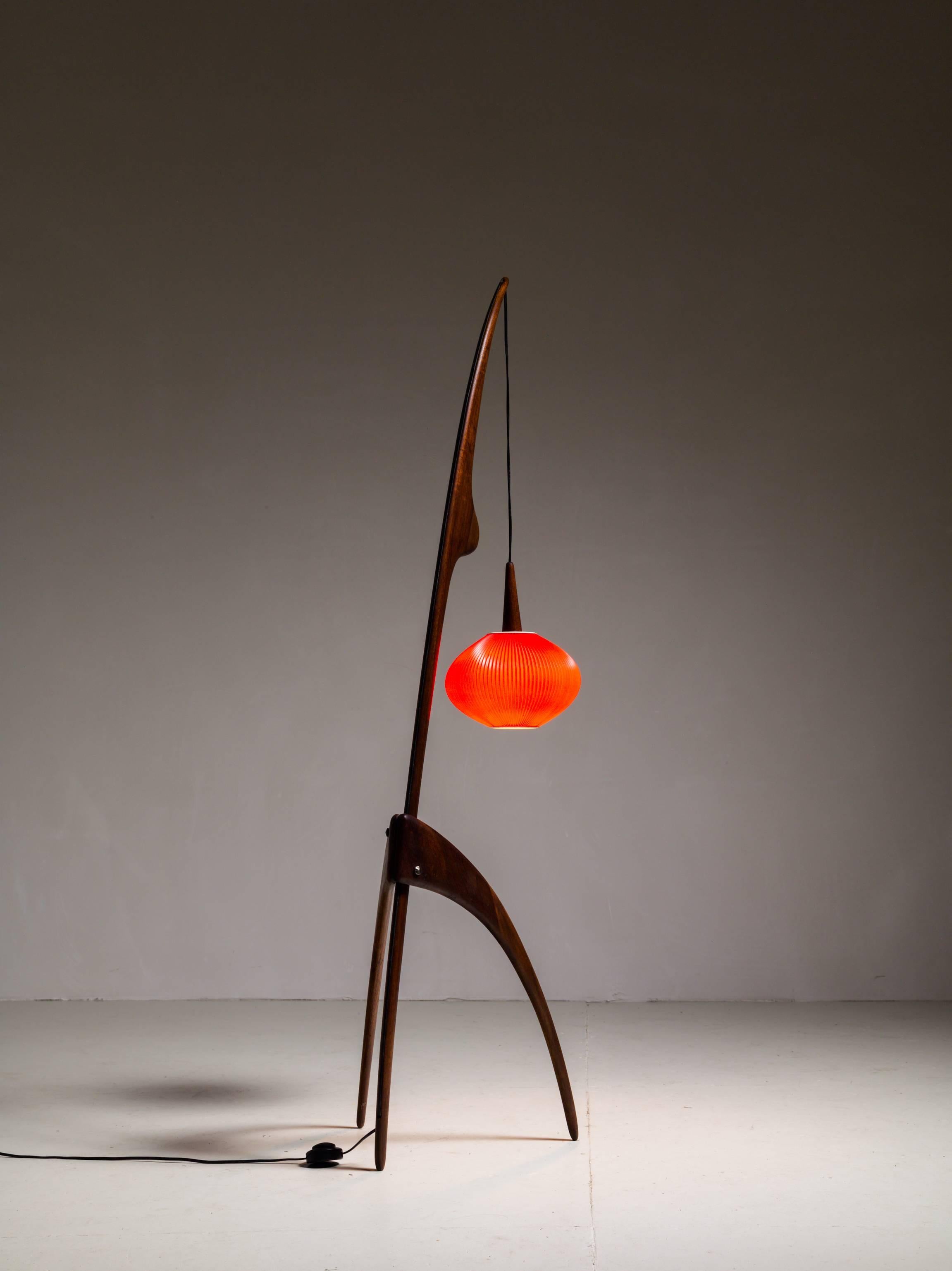 Mid-Century Modern Rispal Mante Religieuse Floor Lamp with Rare Red Shade, France, 1950s