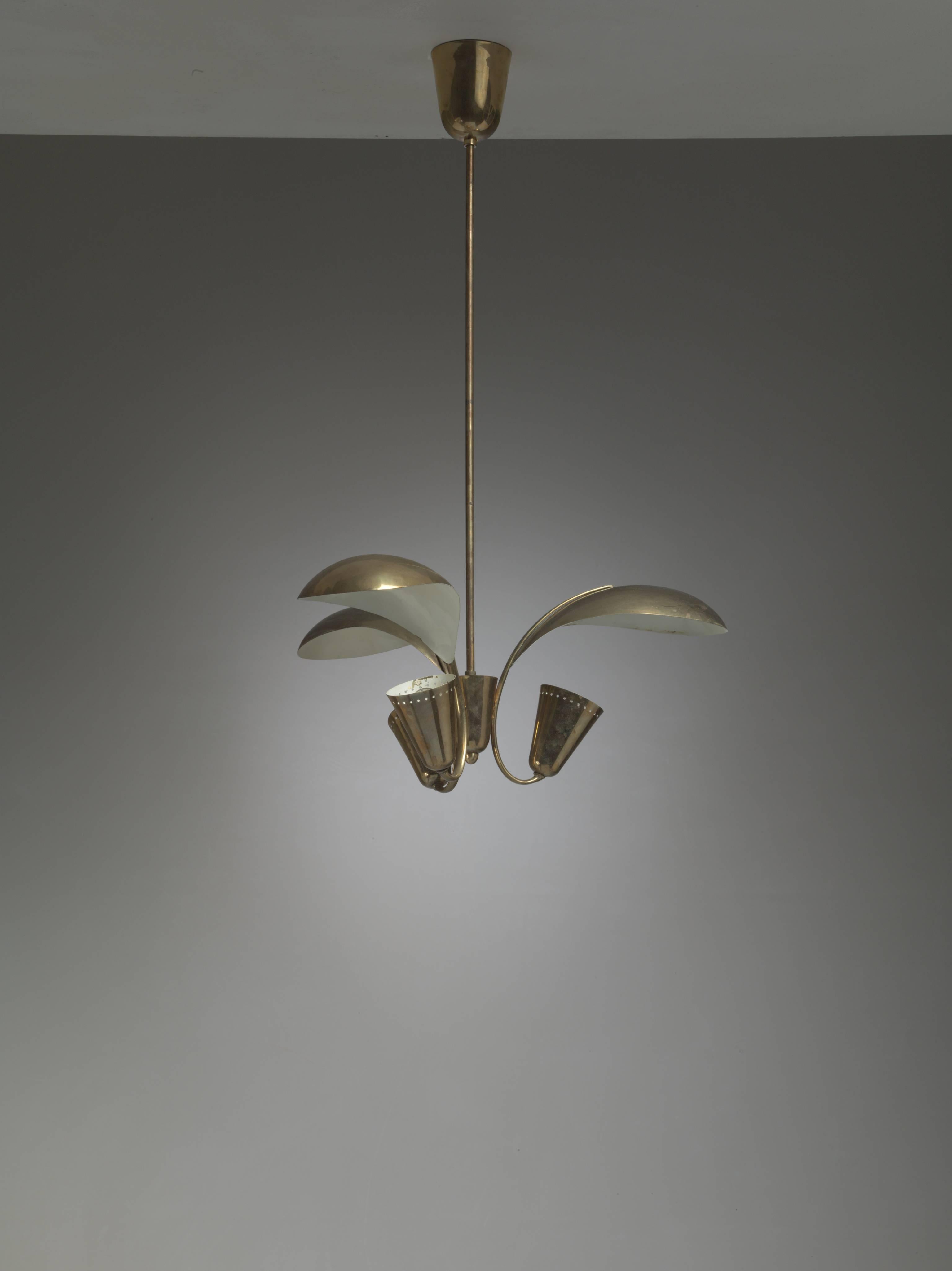 Finnish Paavo Tynell Three-Armed Brass Chandelier, Idman, Finland, 1950s For Sale