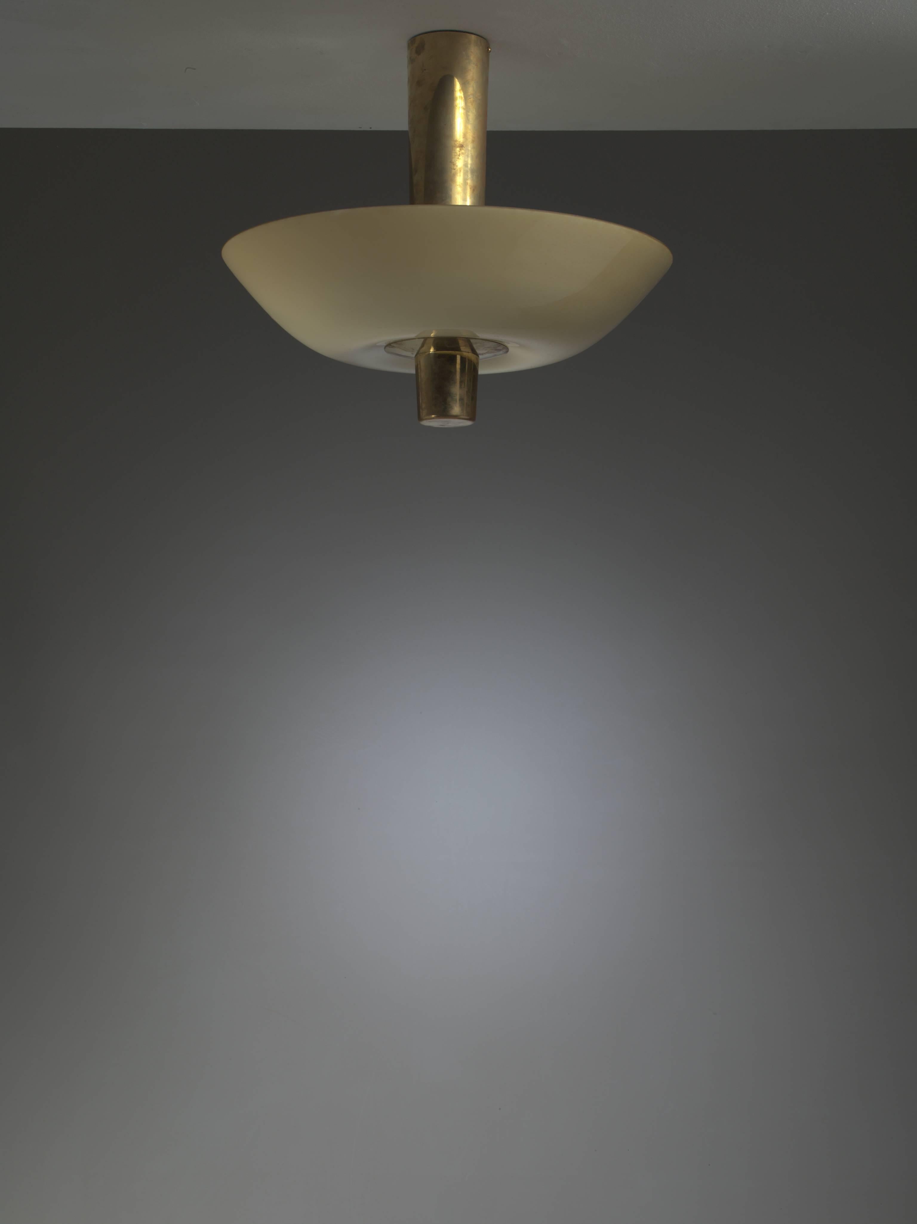 Finnish Paavo Tynell Chandelier or Flush Mount, Brass with Yellow Glass, Idman, 1950s For Sale