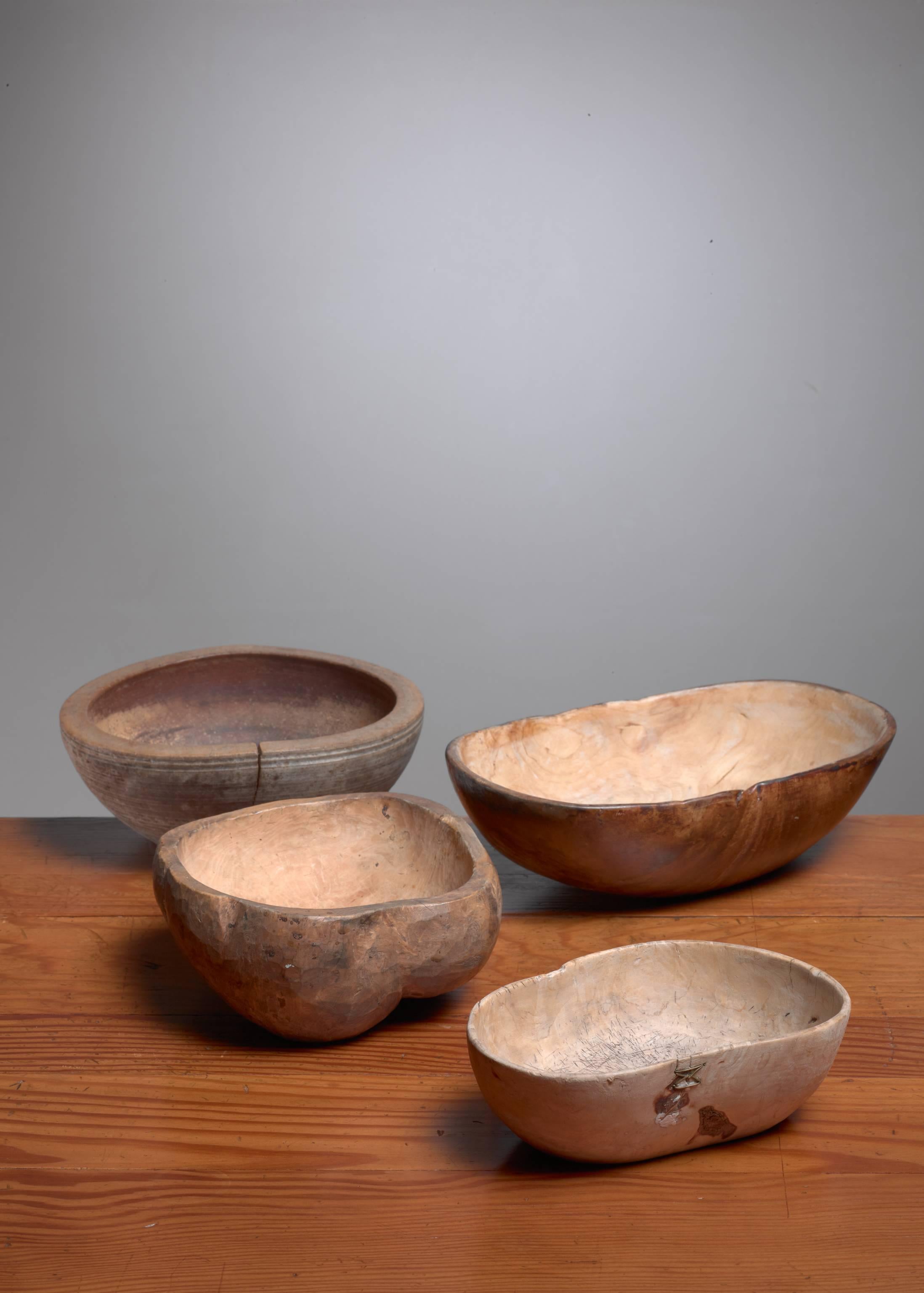 Swedish Four Wooden Folk Art Bowls from Sweden, 19th Century For Sale