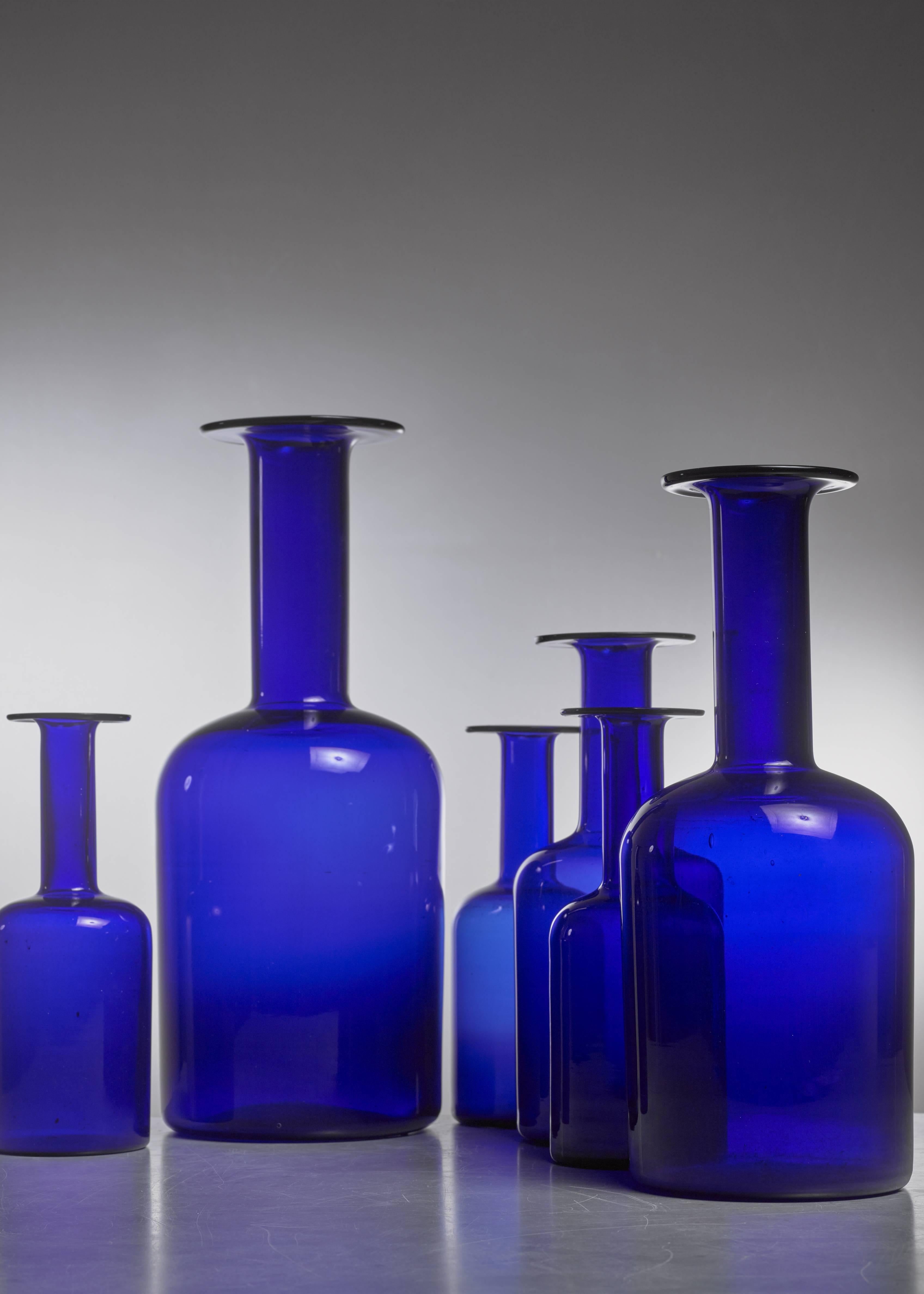 Scandinavian Modern Otto Brauer Set of Six Blue Glass Vases for Holmegaard, Denmark, 1960s For Sale