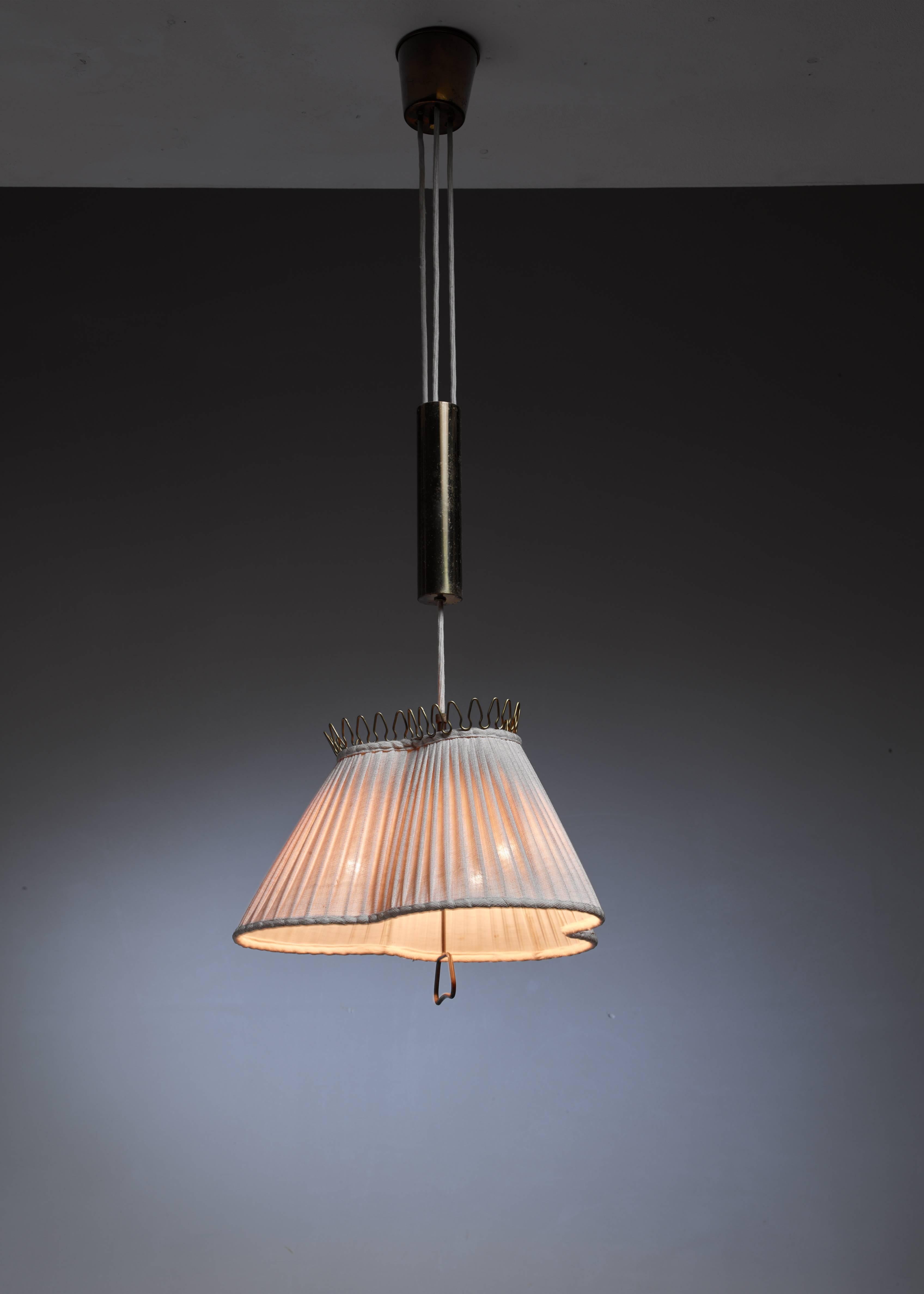 Scandinavian Modern 1940s Pendant Lamp with a Fabric Shade, Counterweight and Brass Pull, Sweden