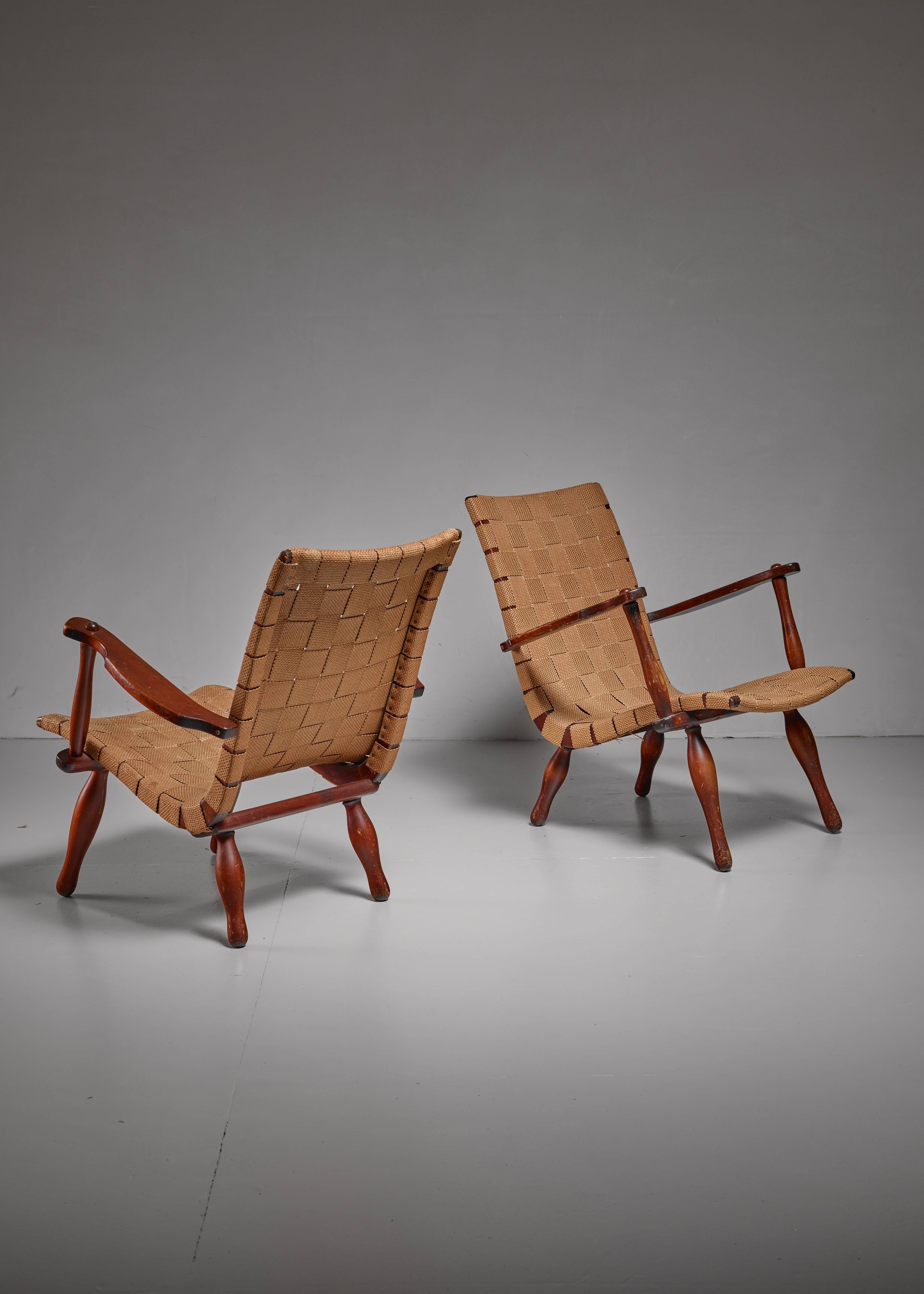 Scandinavian Modern Pair of Lounge Chairs with Webbed Seating, Sweden, 1940s For Sale