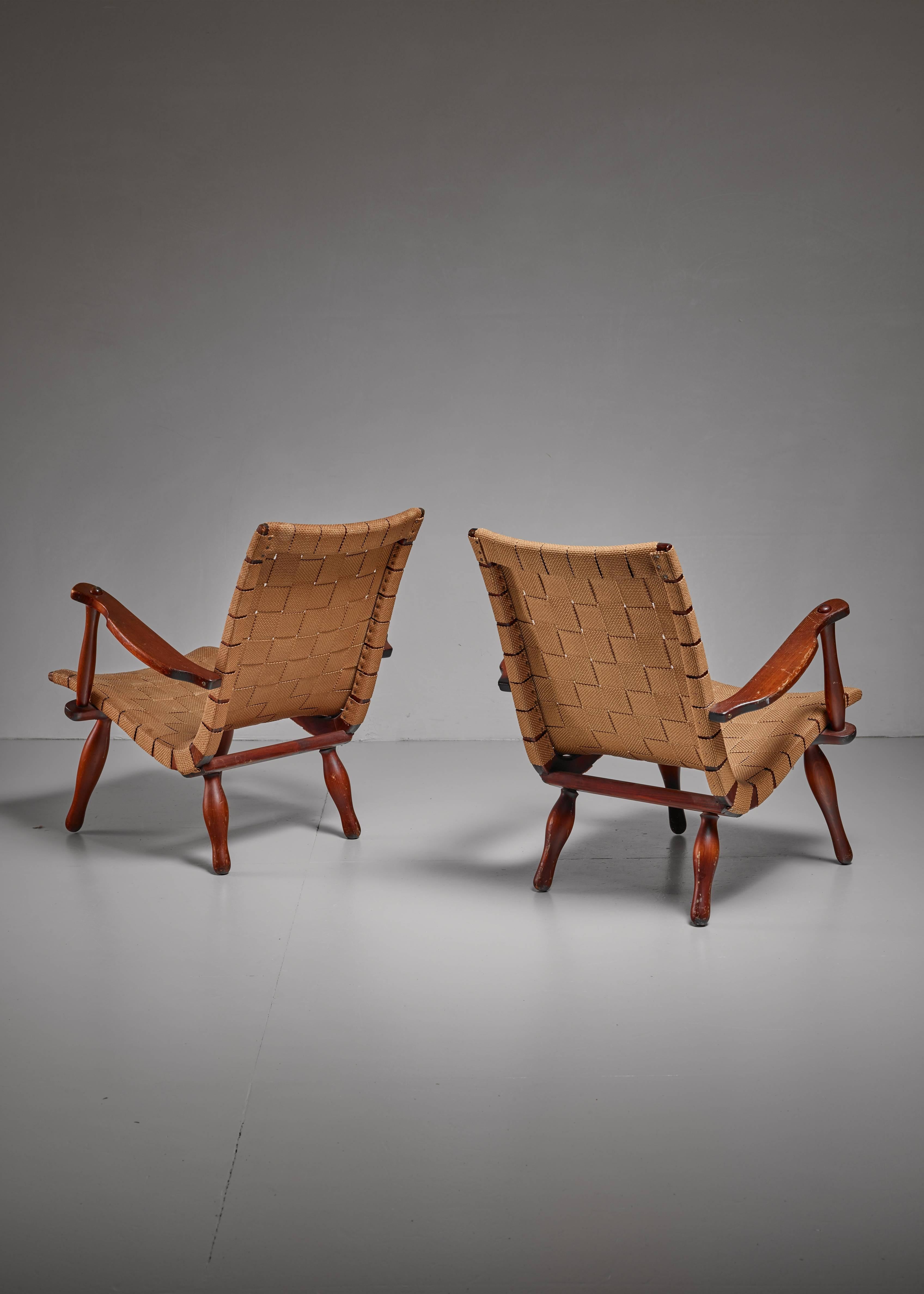 Swedish Pair of Lounge Chairs with Webbed Seating, Sweden, 1940s For Sale