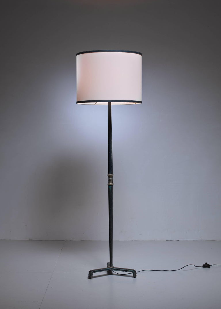 Jacques Adnet Floor Lamp In Brass And Dark Green Leather France A Jacques Adnet Brass Floor Lamp With Tripod Base The Stem Is Covered