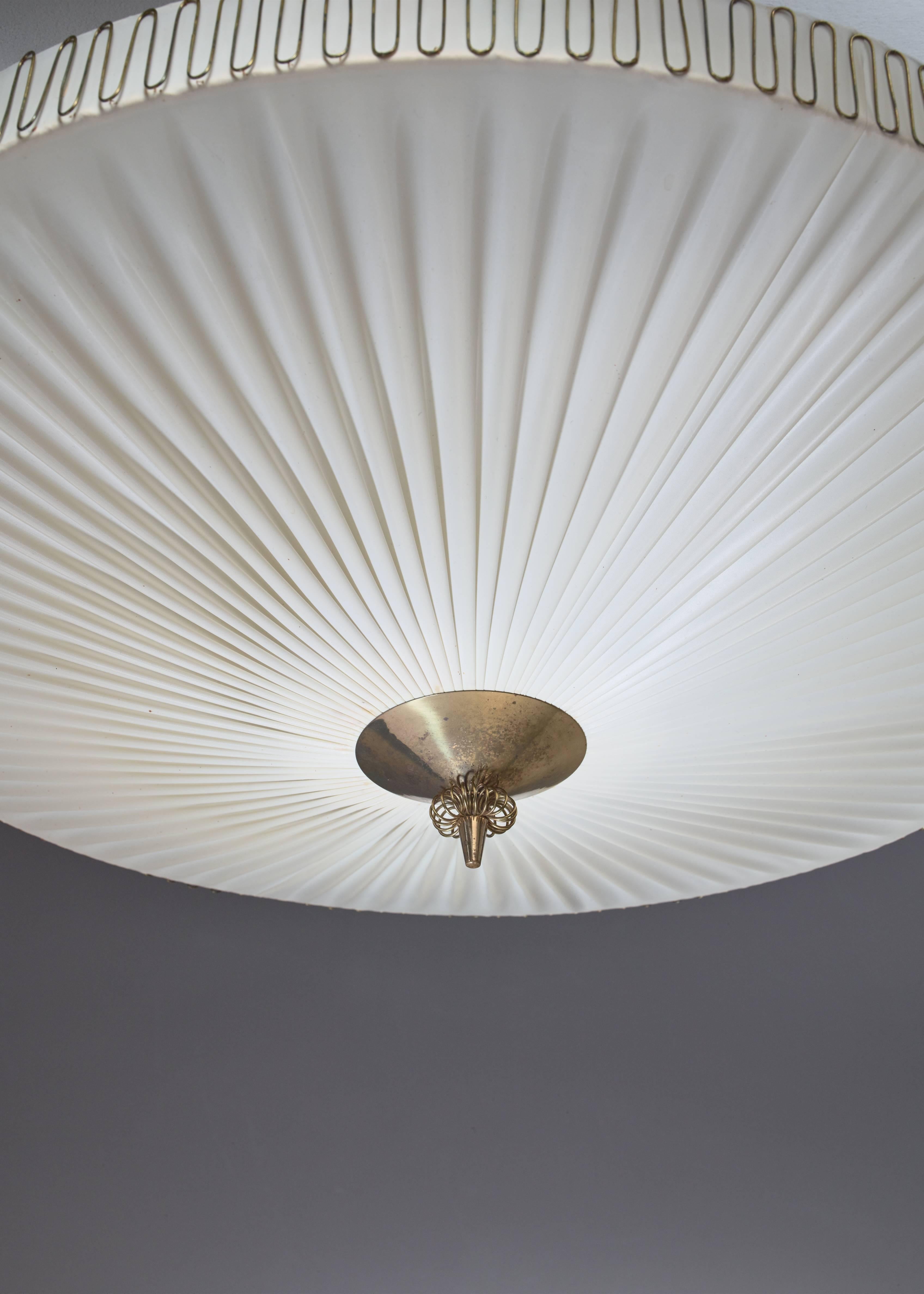 Finnish Large Round Pleated Flush Mount with Brass Centrepart by Idman, Finland, 1950s