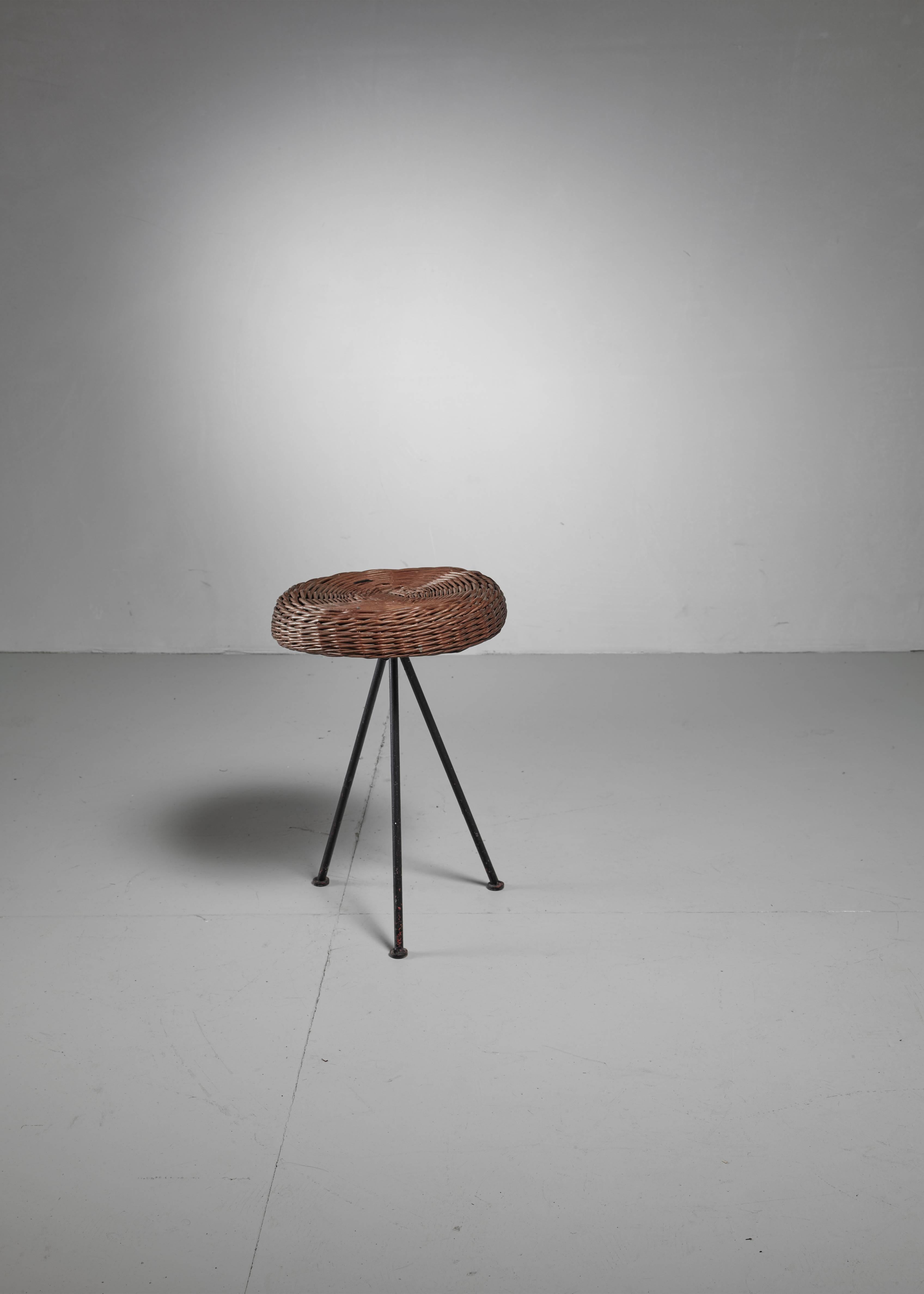 Mid-Century Modern Norman Cherner Iron with Rattan Stool for Konwiser, USA, 1950s