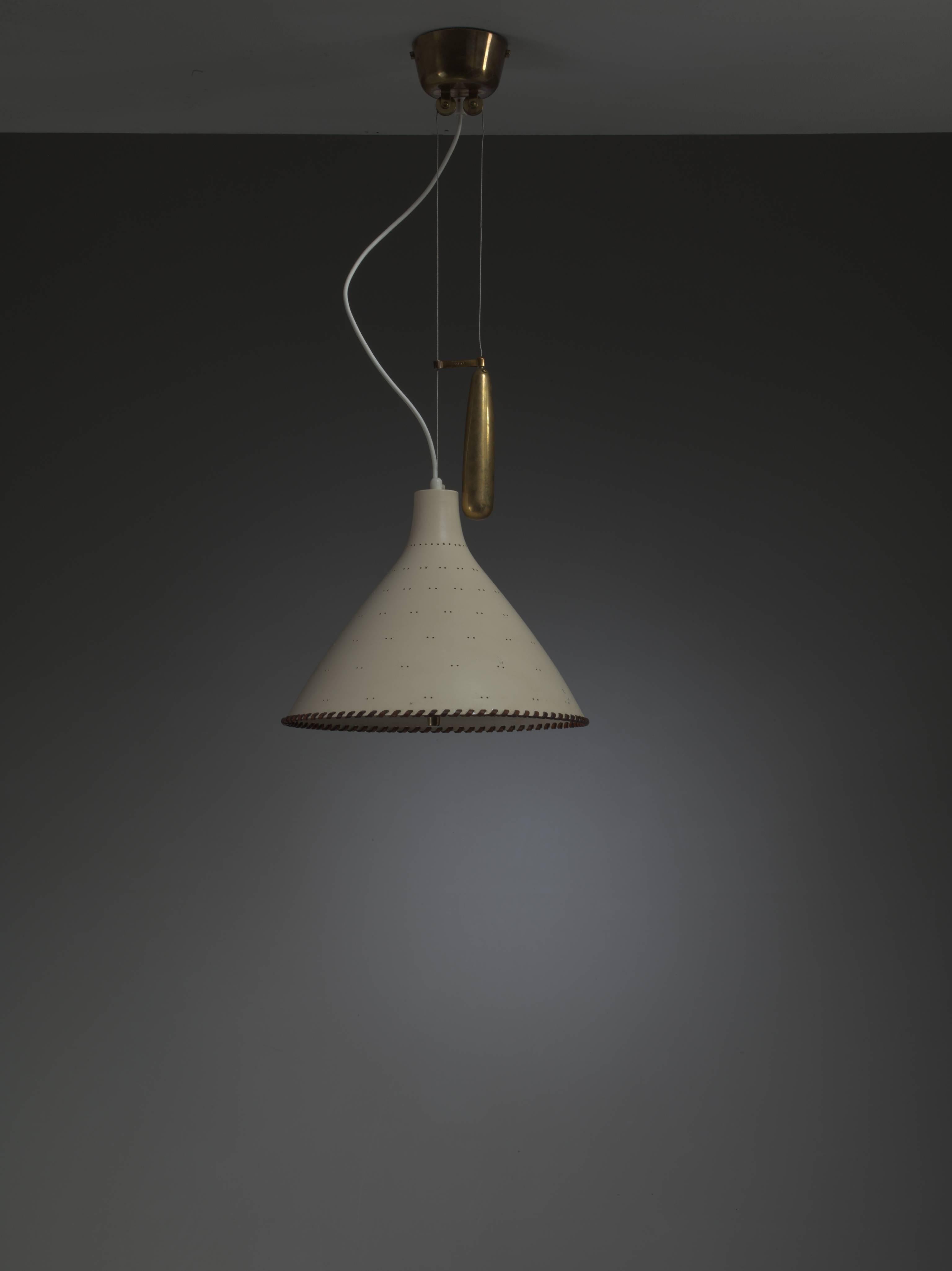 Finnish Paavo Tynell White Pendant with Leather String for Taito, Finland, 1950s