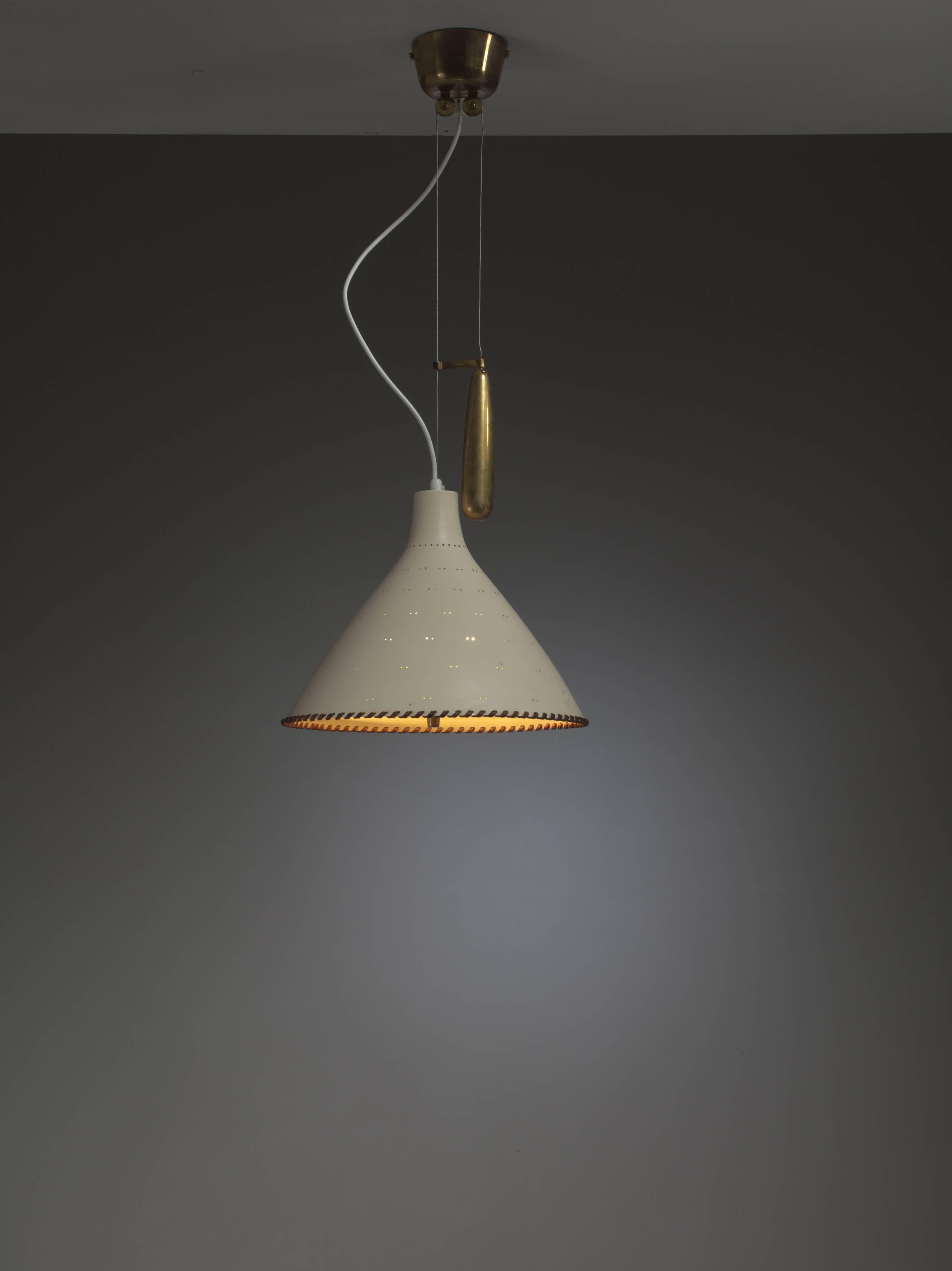 Scandinavian Modern Paavo Tynell White Pendant with Leather String for Taito, Finland, 1950s