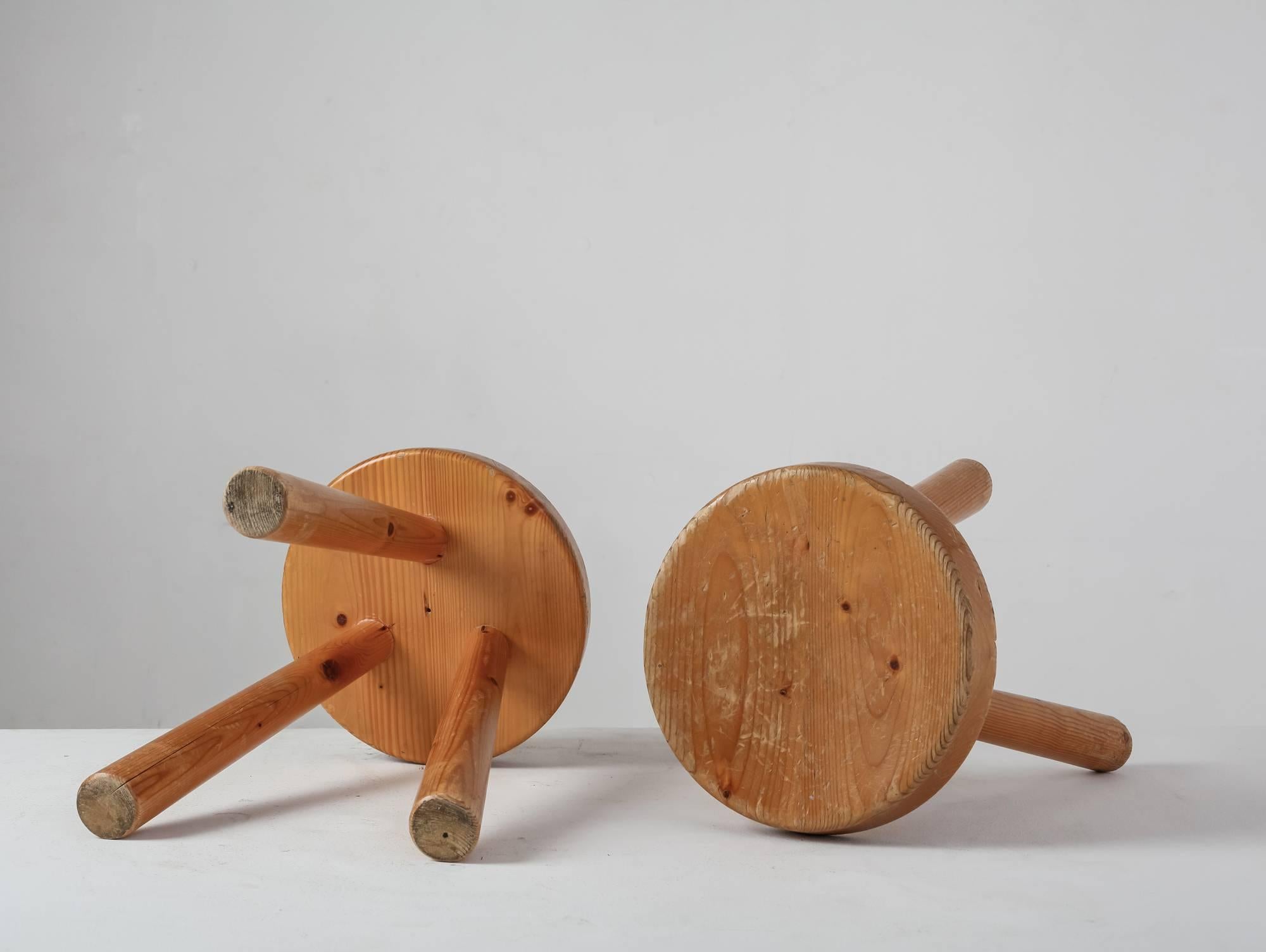 French Charlotte Perriand Pair of Tripod Pine Stool from Les Arcs, France, 1960s For Sale