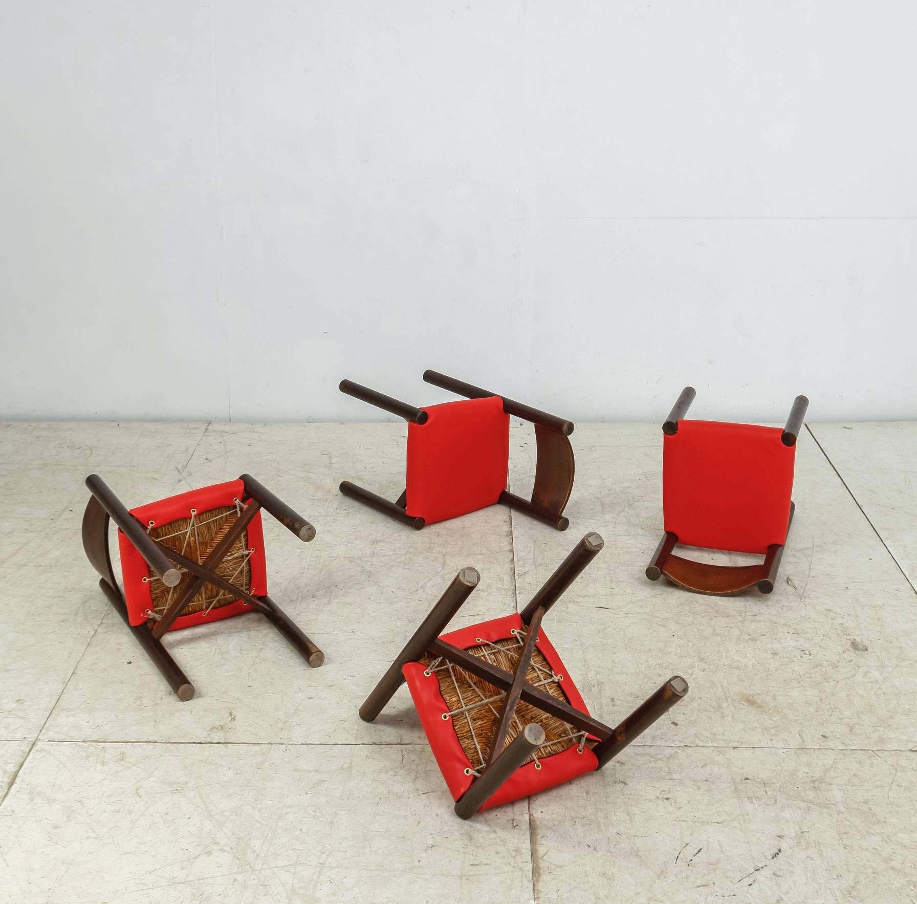 Mid-Century Modern Charlotte Perriand Set of Four Courchevel Chairs with Red Leather, France, 1960s For Sale