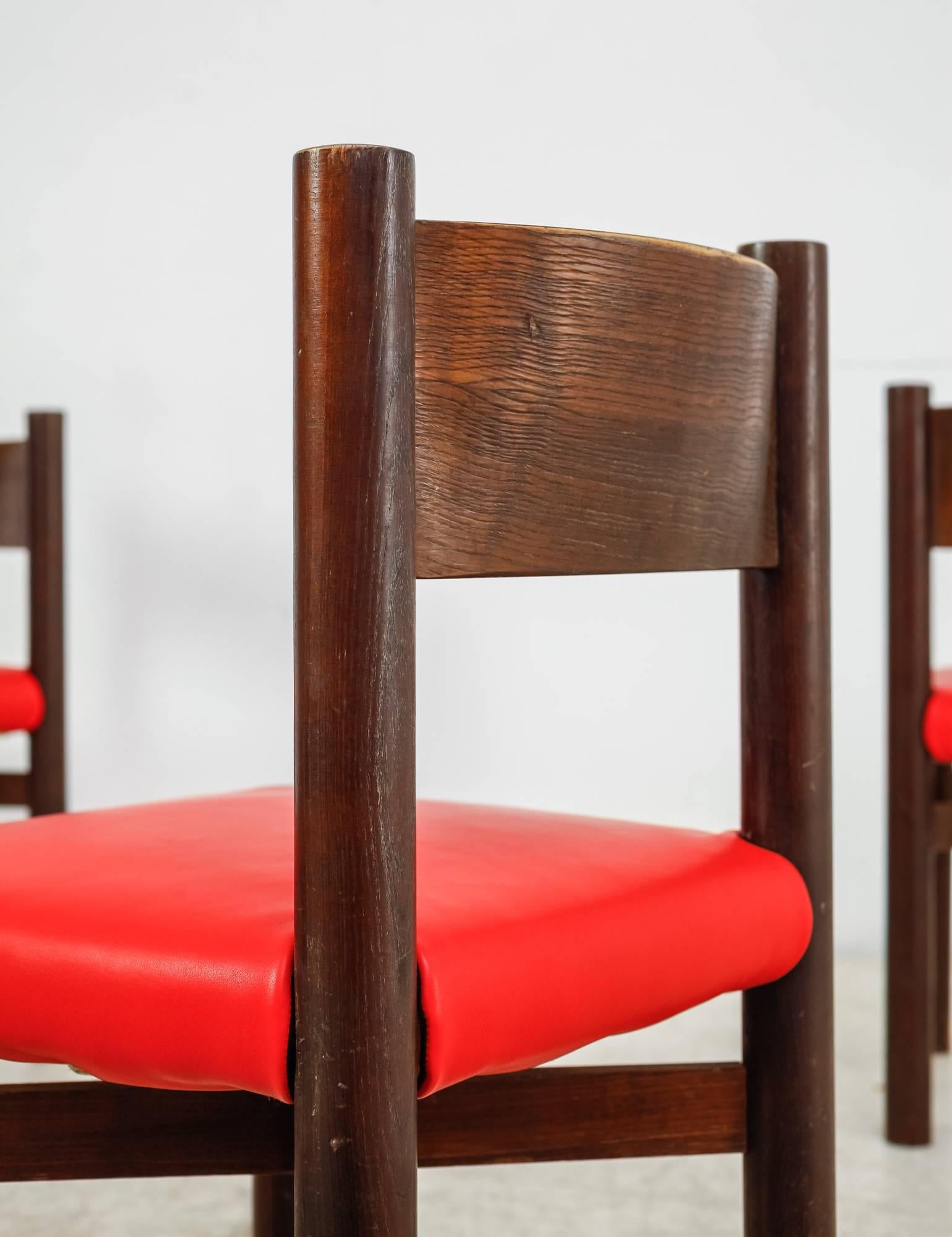 Woven Charlotte Perriand Set of Four Courchevel Chairs with Red Leather, France, 1960s For Sale