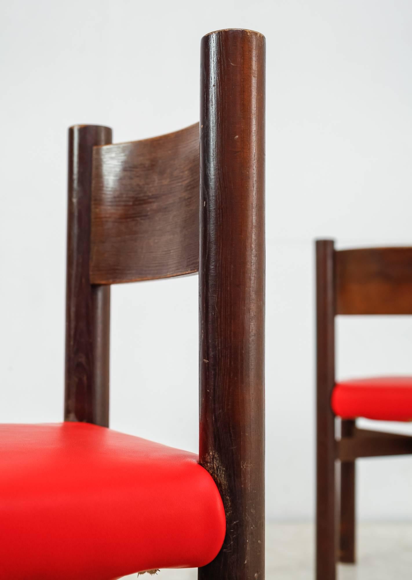 French Charlotte Perriand Set of Four Courchevel Chairs with Red Leather, France, 1960s For Sale