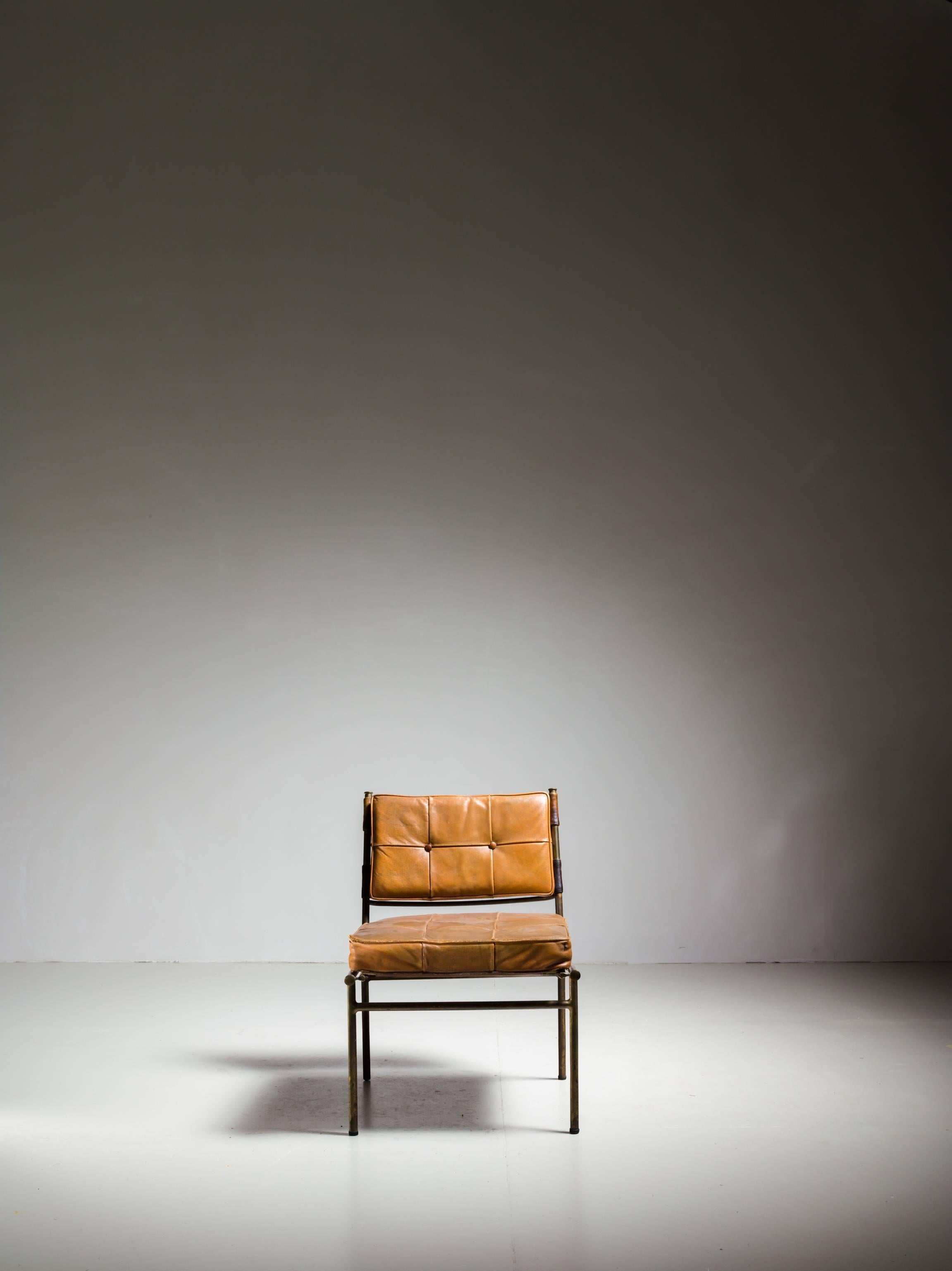 French Rare Mathieu Matégot Chair with Brass Frame and Leather Seat and Back For Sale