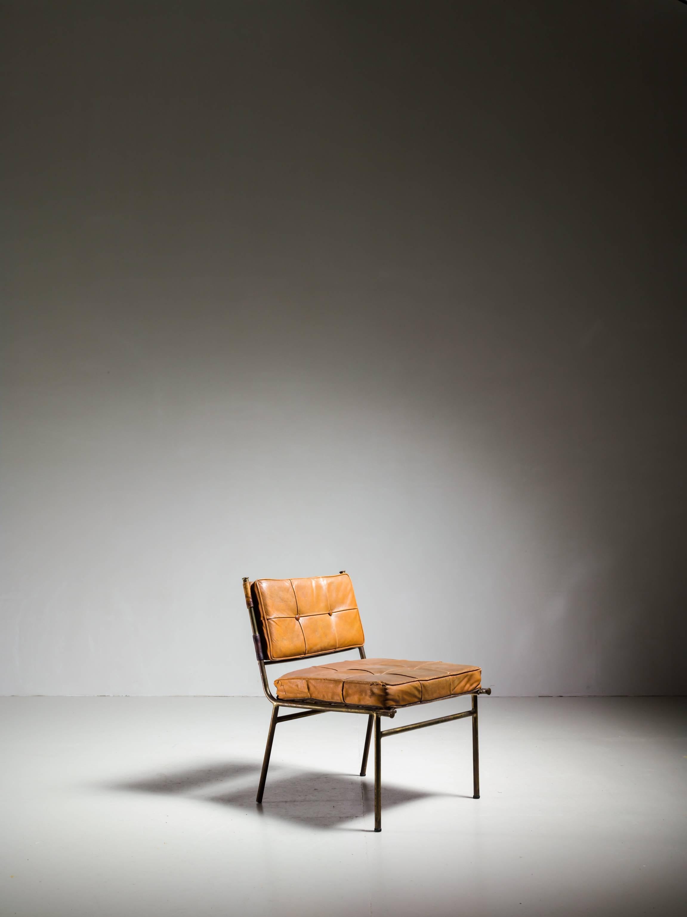 Rare Mathieu Matégot Chair with Brass Frame and Leather Seat and Back In Good Condition For Sale In Maastricht, NL