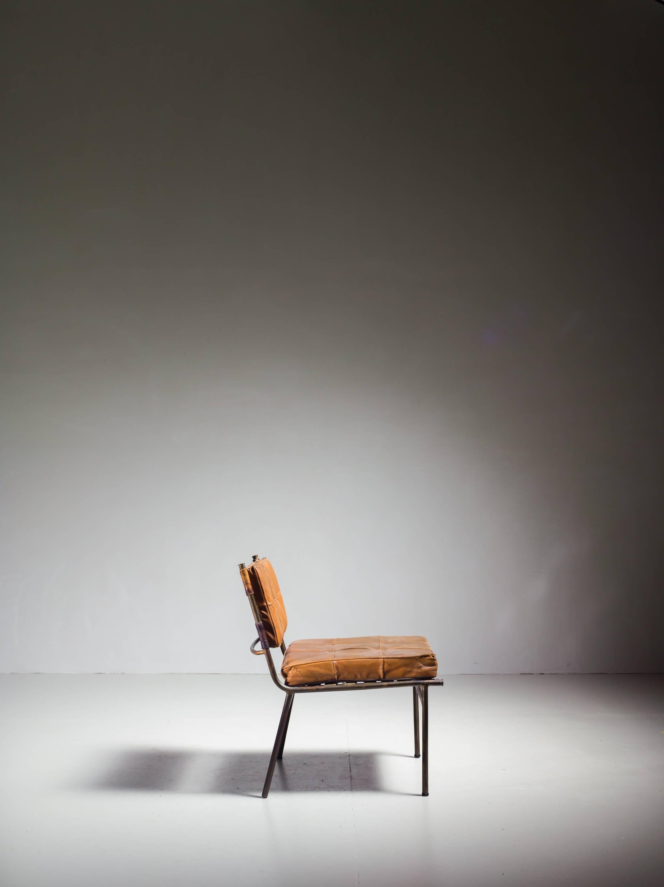 Mid-20th Century Rare Mathieu Matégot Chair with Brass Frame and Leather Seat and Back For Sale