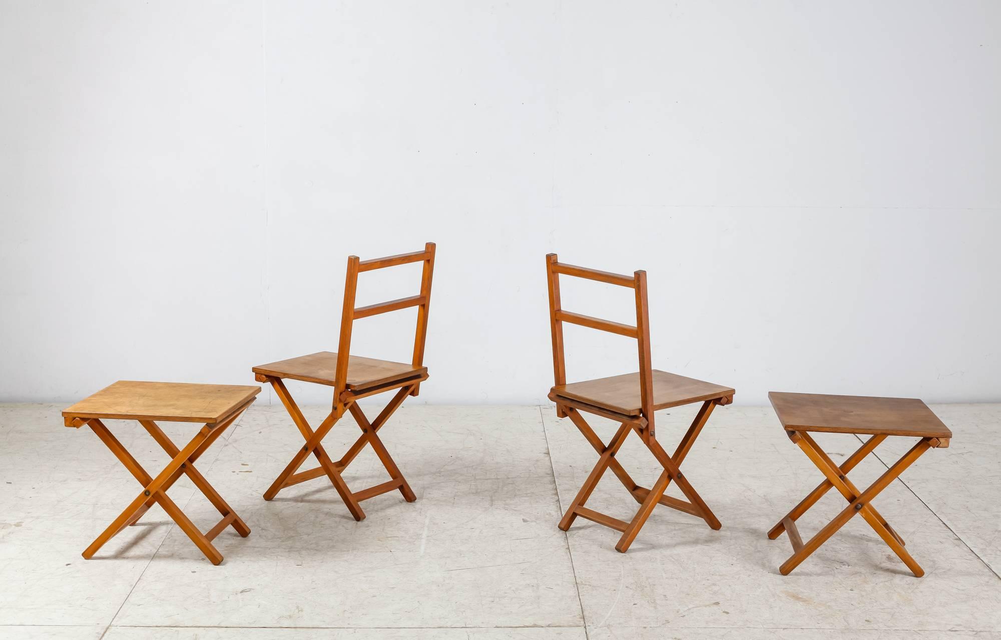 A set of four matching foldable pieces; two chairs and two stools. They are made of a beech frame with a Multiplex seating and backrest.

The measurements stated are of the chairs. The stools are 46 cm (18