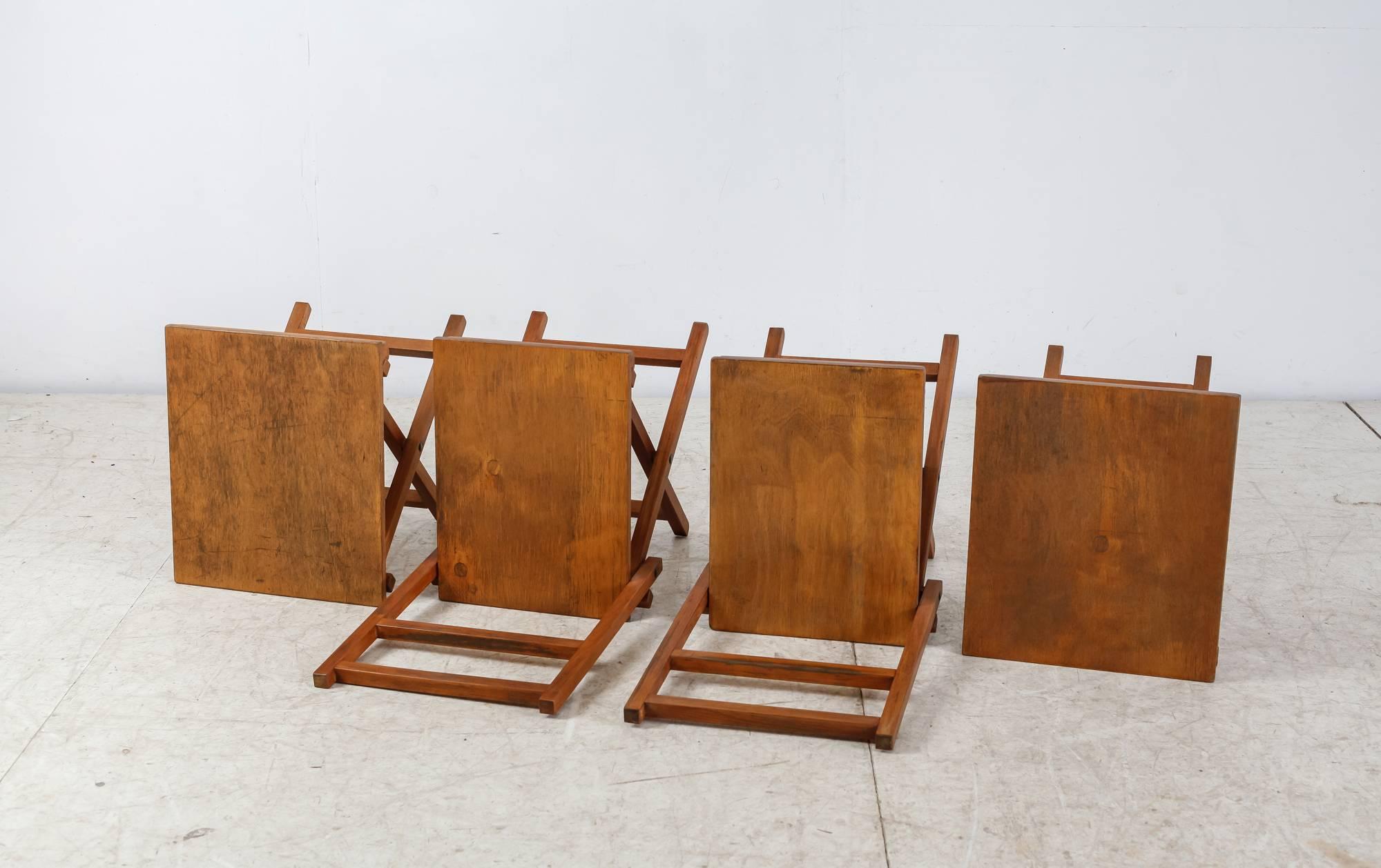 Mid-Century Modern Set of Two Wooden Folding Chairs and Two Stools, Dutch, 1950s