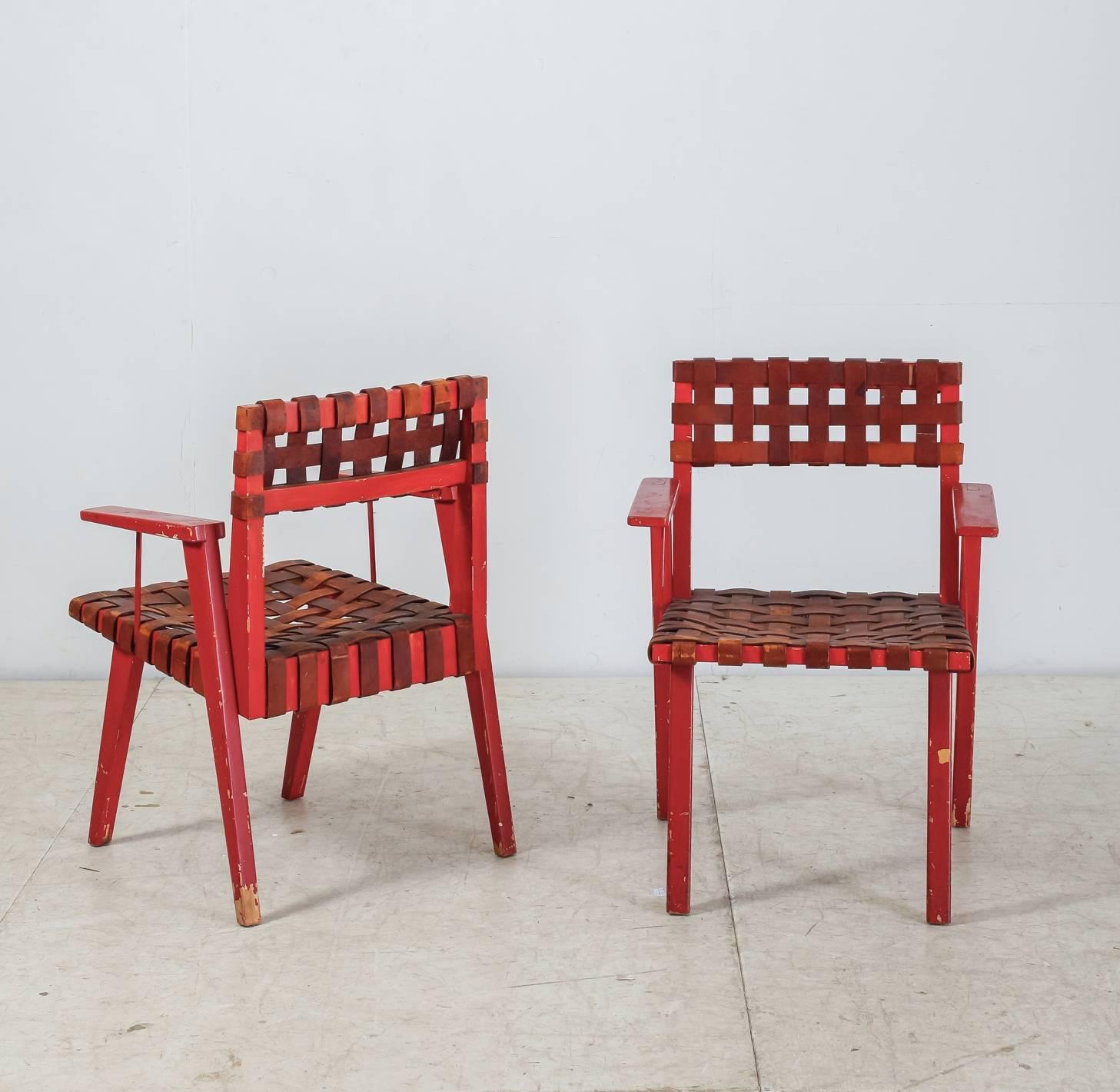 Ledersessel mit Webbed-Muster und rot lackiertem Gestell, USA, 1950er Jahre (Moderne der Mitte des Jahrhunderts) im Angebot
