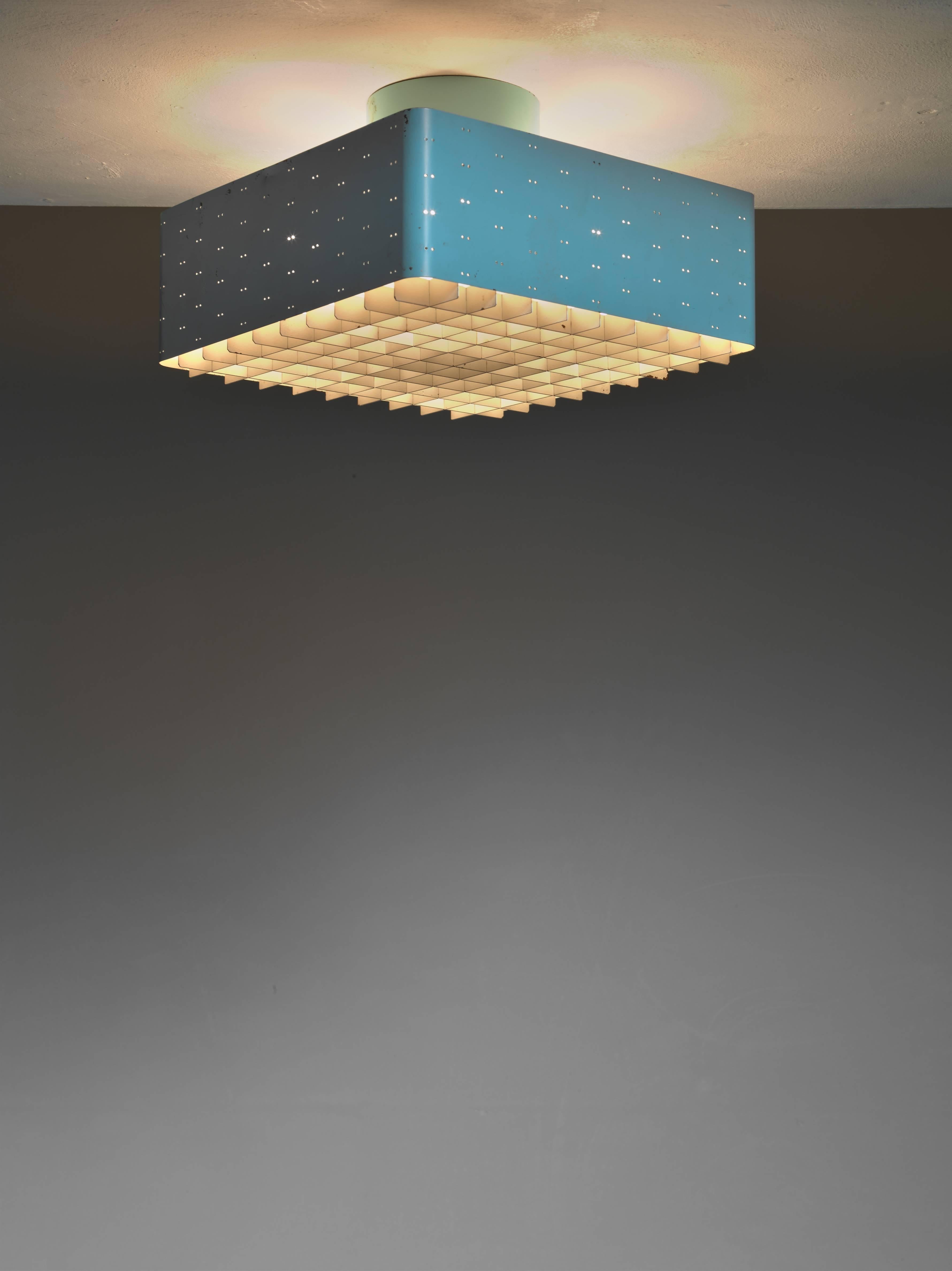 A square model 9068 Paavo Tynell ceiling lamp made of light blue lacquered metal with twin dot perforations and a frosted glass diffuser with a white metal grid underneath. This is a very rare piece, with its blue color and being an early Taito