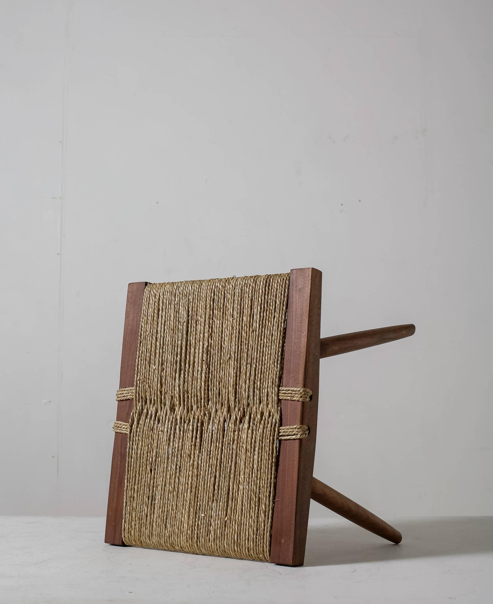 Woven George Nakashima Walnut with Grass Rope Stool, USA, 1950s For Sale