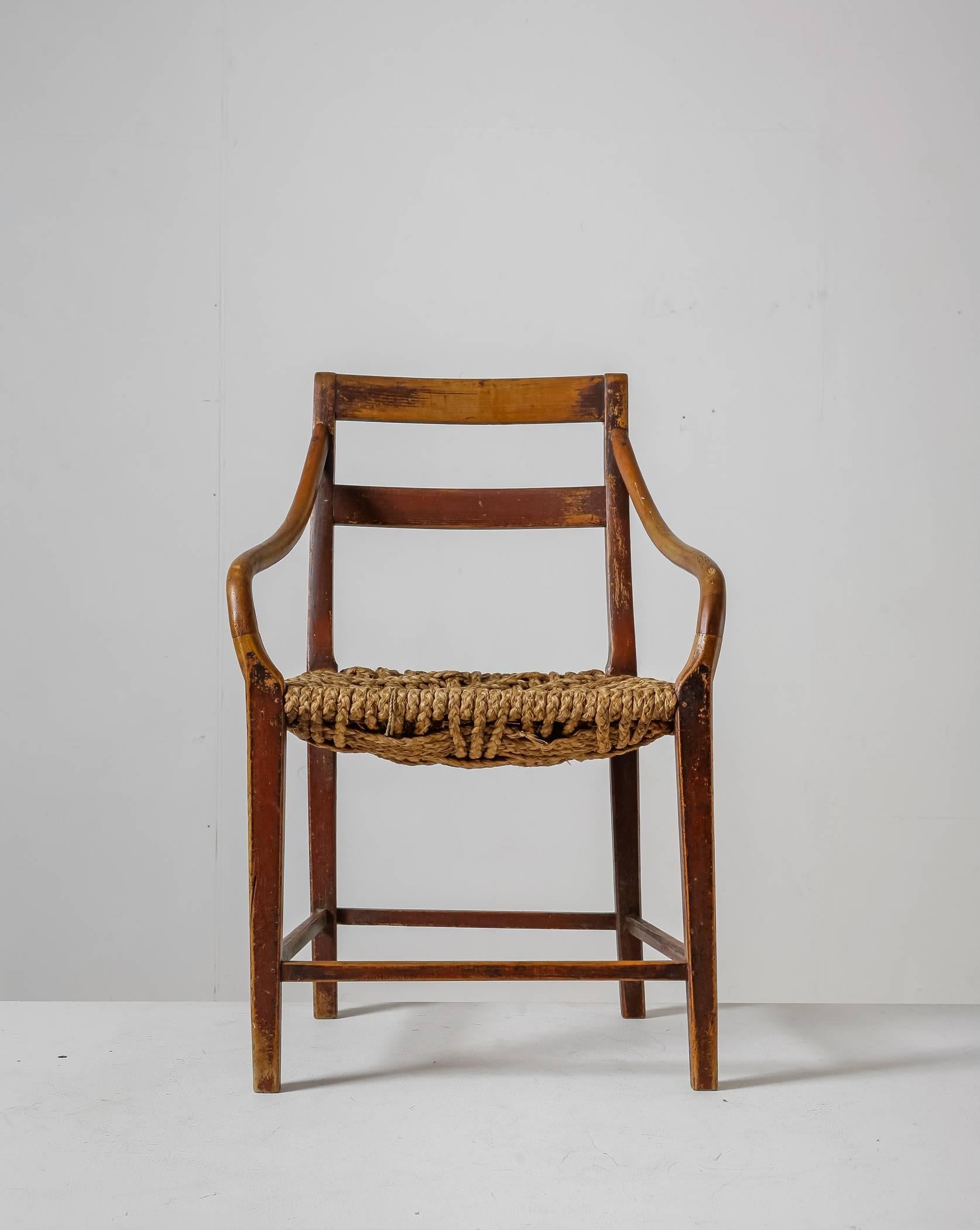 Danish Stained Beech and Woven Rope Armchair, Denmark, 19th Century For Sale