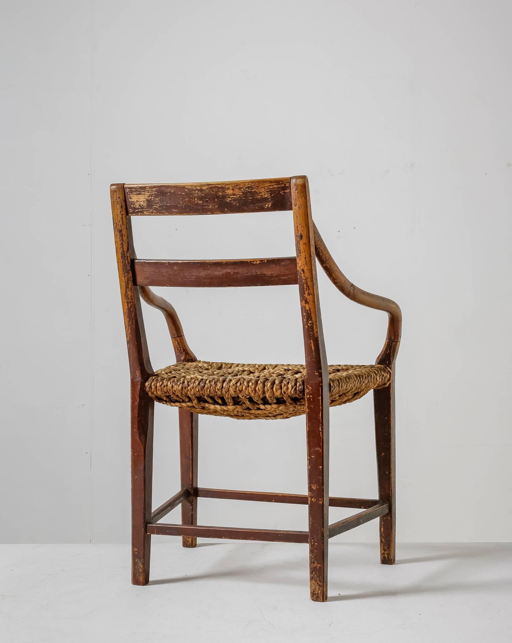 Arts and Crafts Stained Beech and Woven Rope Armchair, Denmark, 19th Century For Sale