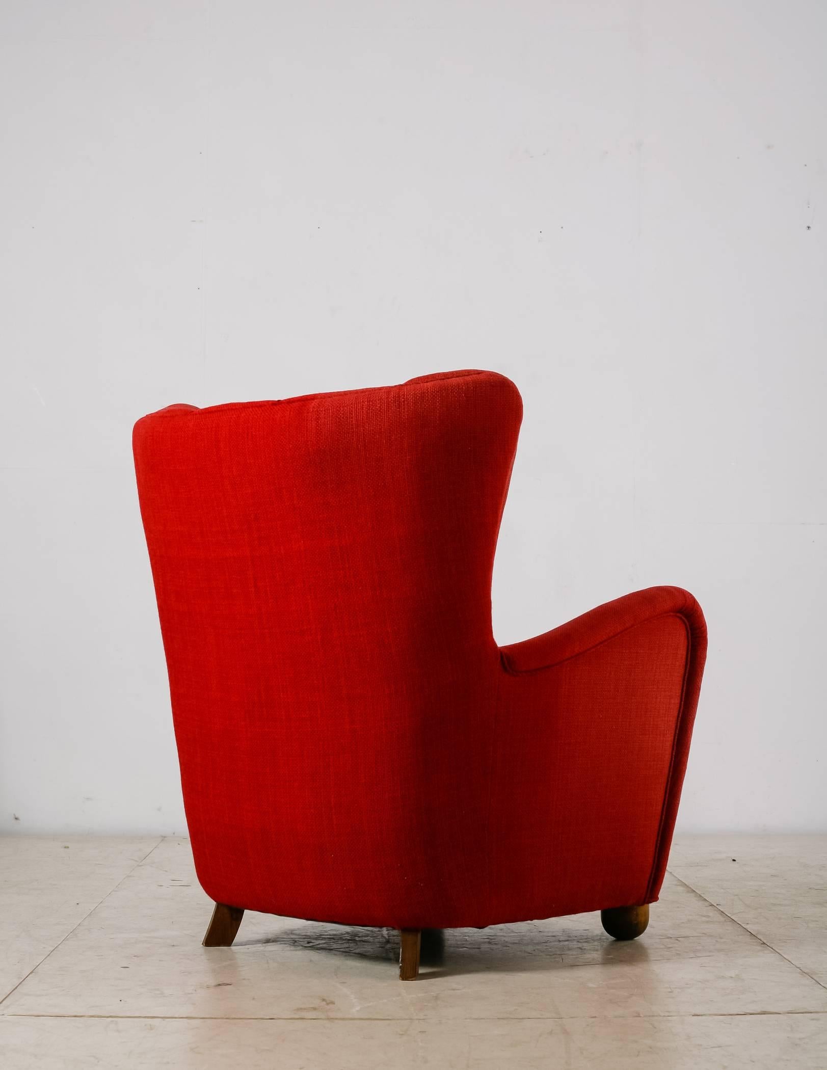 Stained Danish Highback Easy Chair with Red Wool Upholstery, 1940s For Sale