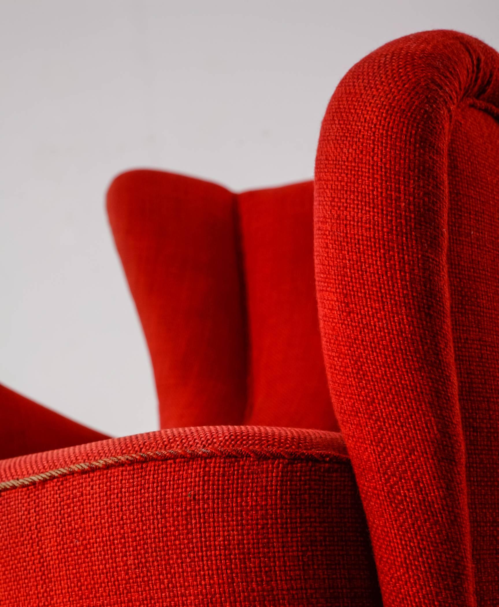 Danish Highback Easy Chair with Red Wool Upholstery, 1940s For Sale 3