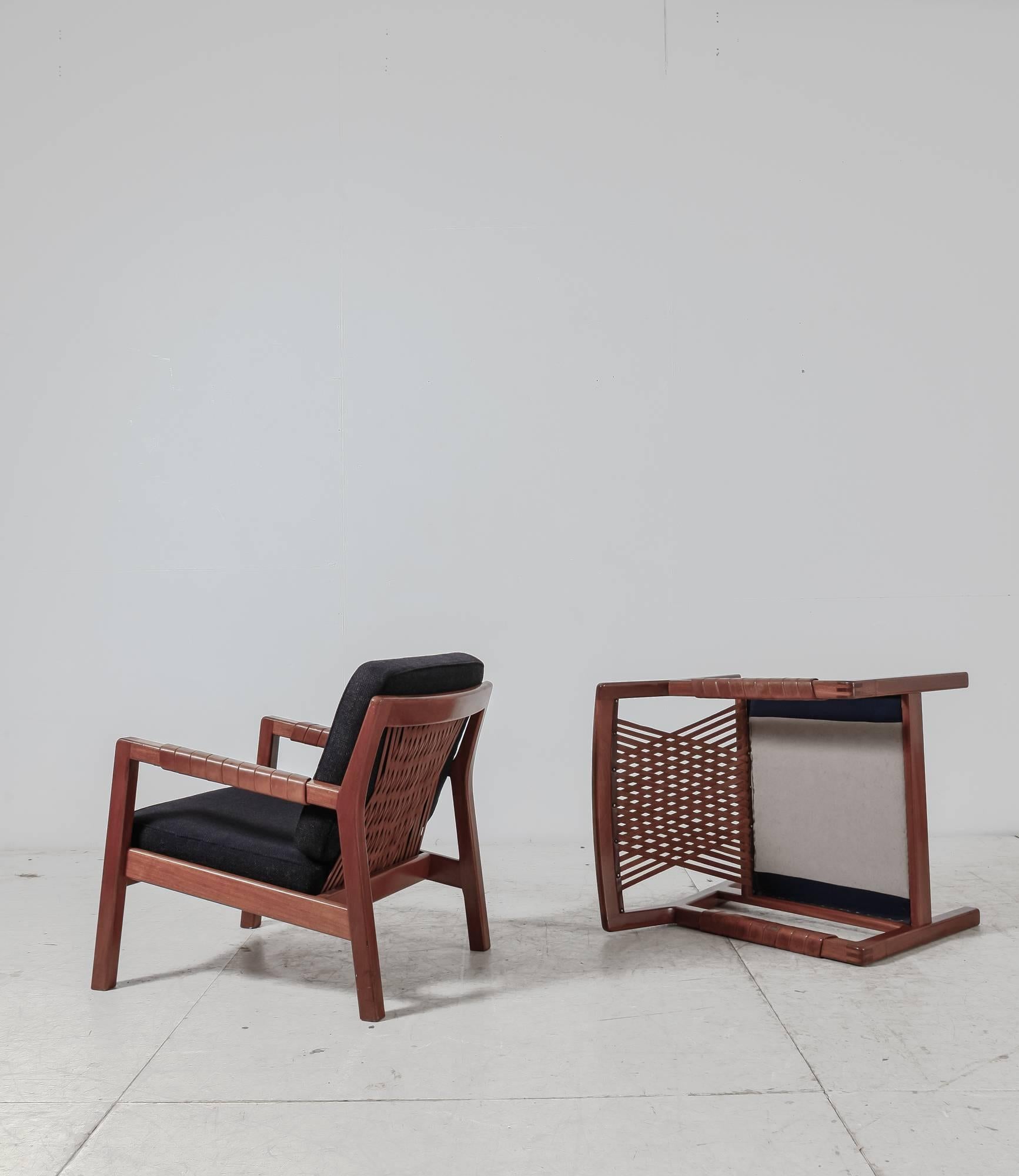 Finnish Carl-Gustav Hiort af Ornäs Pair Oak and Leather Armchairs, Finland, 1950s For Sale