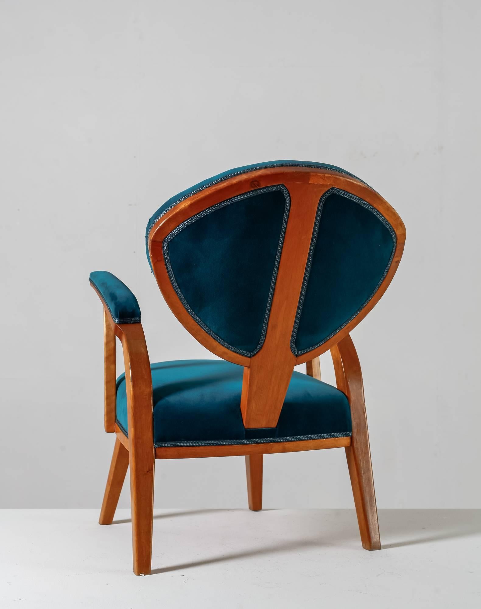 Scandinavian Modern Swedish Beech and Jade Green Velvet Armchair, 1930s-1940s For Sale