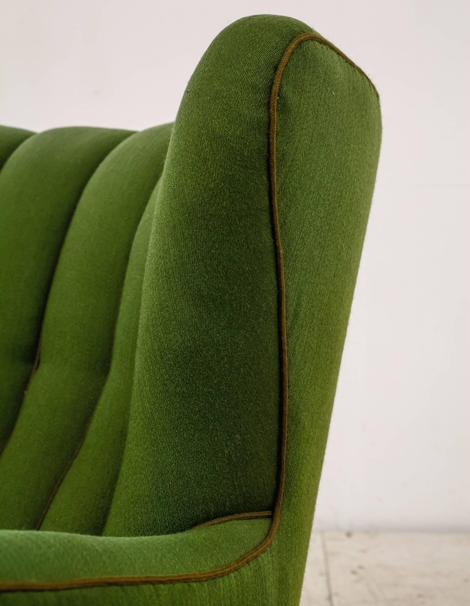 Mid-20th Century Danish Wingback Lounge Chair with Green Wool Upholstery, 1940s