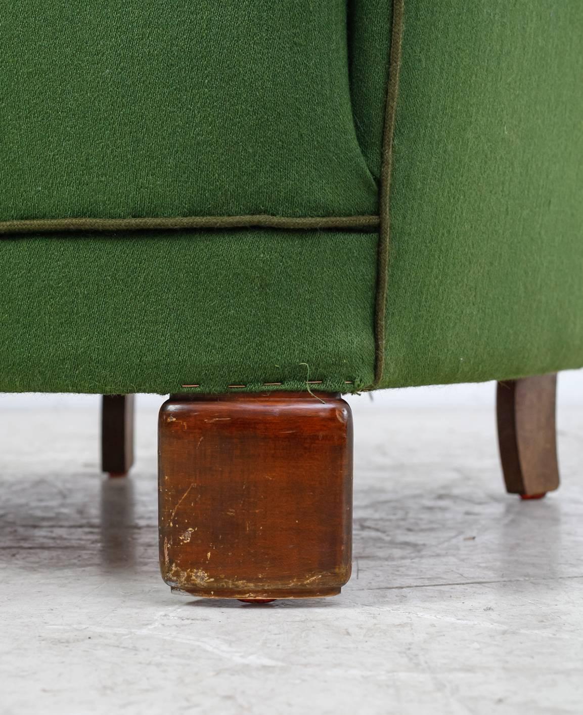 Beech Danish Wingback Lounge Chair with Green Wool Upholstery, 1940s