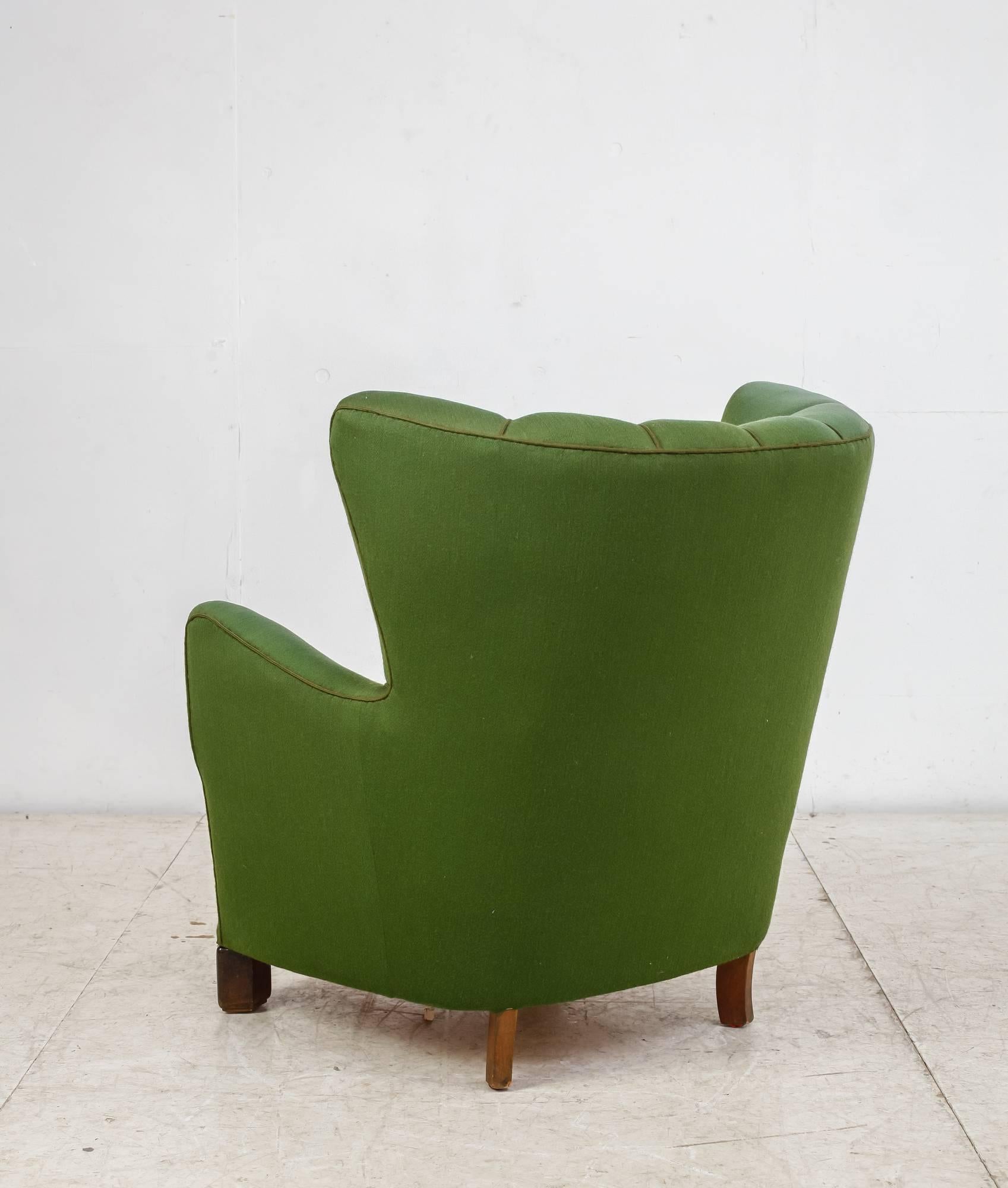 Scandinavian Modern Danish Wingback Lounge Chair with Green Wool Upholstery, 1940s