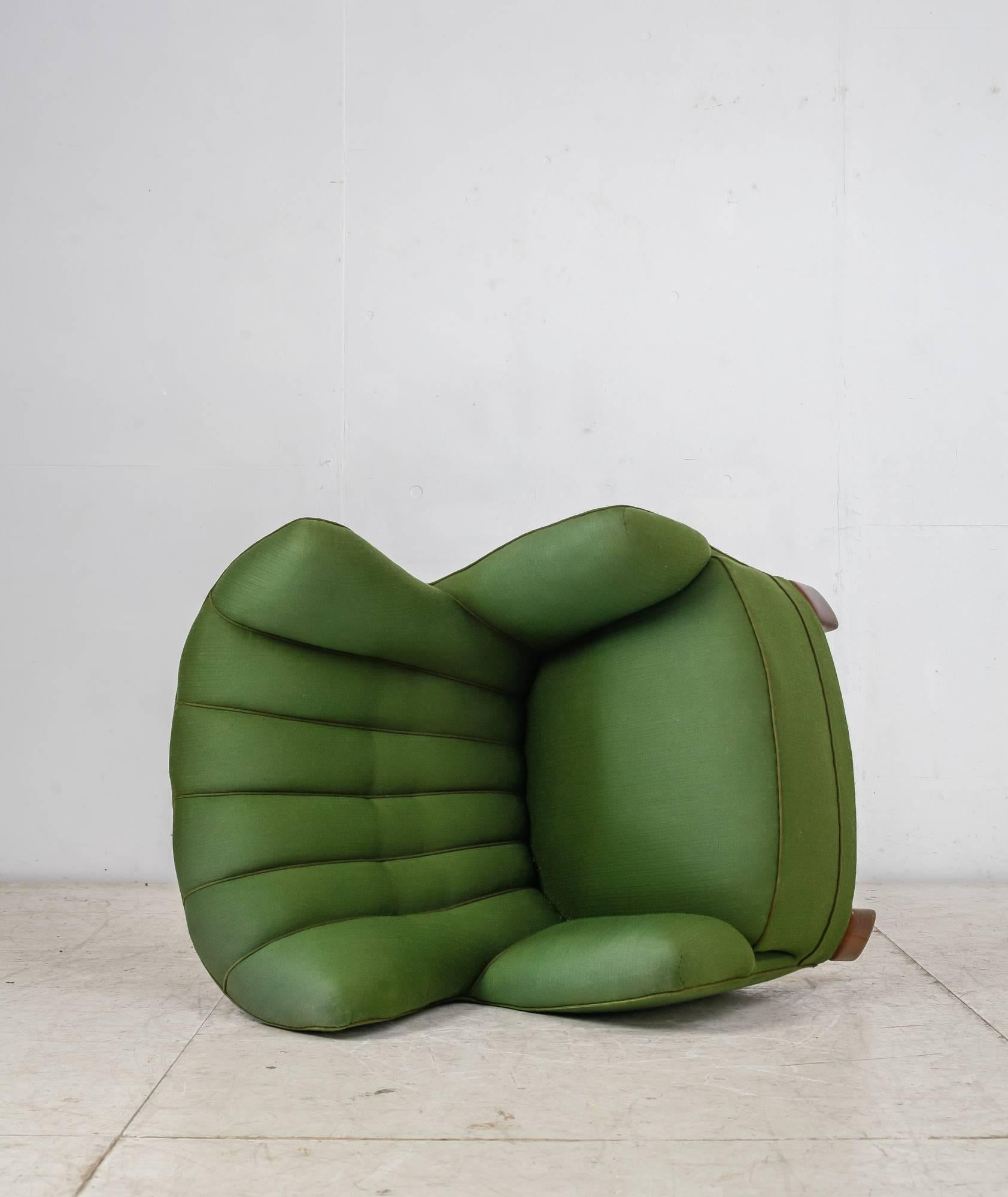 Stained Danish Wingback Lounge Chair with Green Wool Upholstery, 1940s