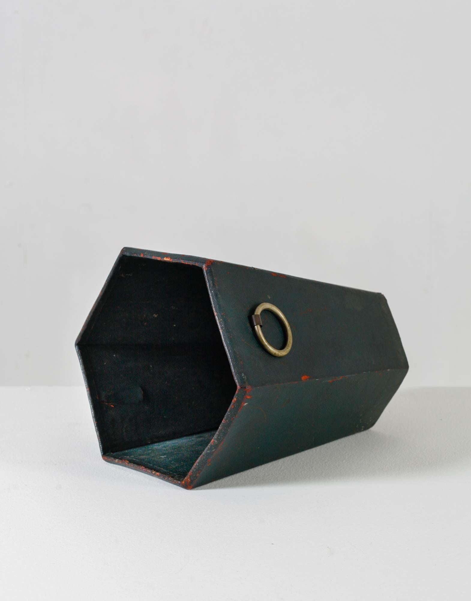 French Jacques Adnet Green Leather Waste Basket, France, 1950s
