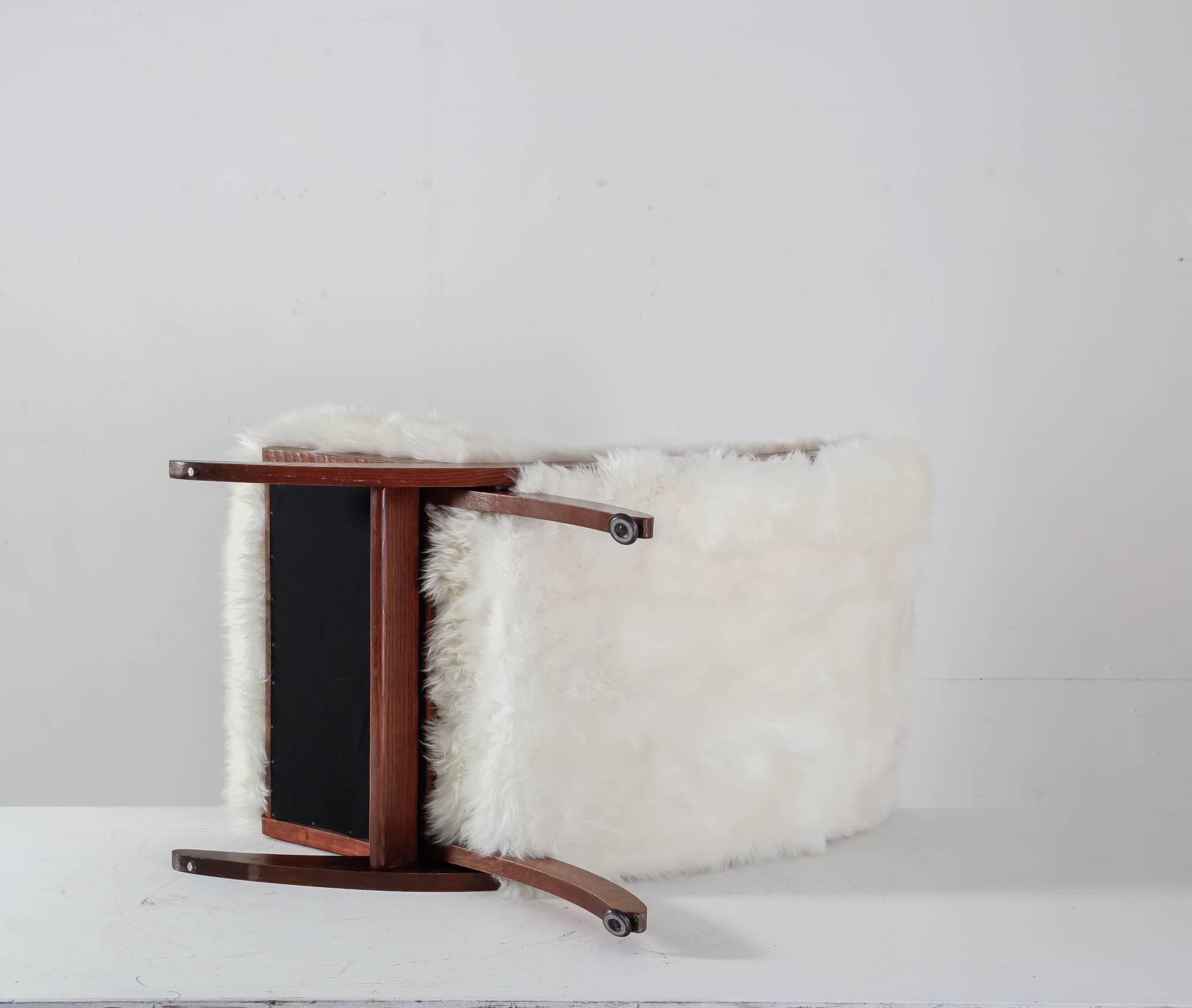American Oak Lounge Chair with White Sheepskin, USA, 1950s For Sale