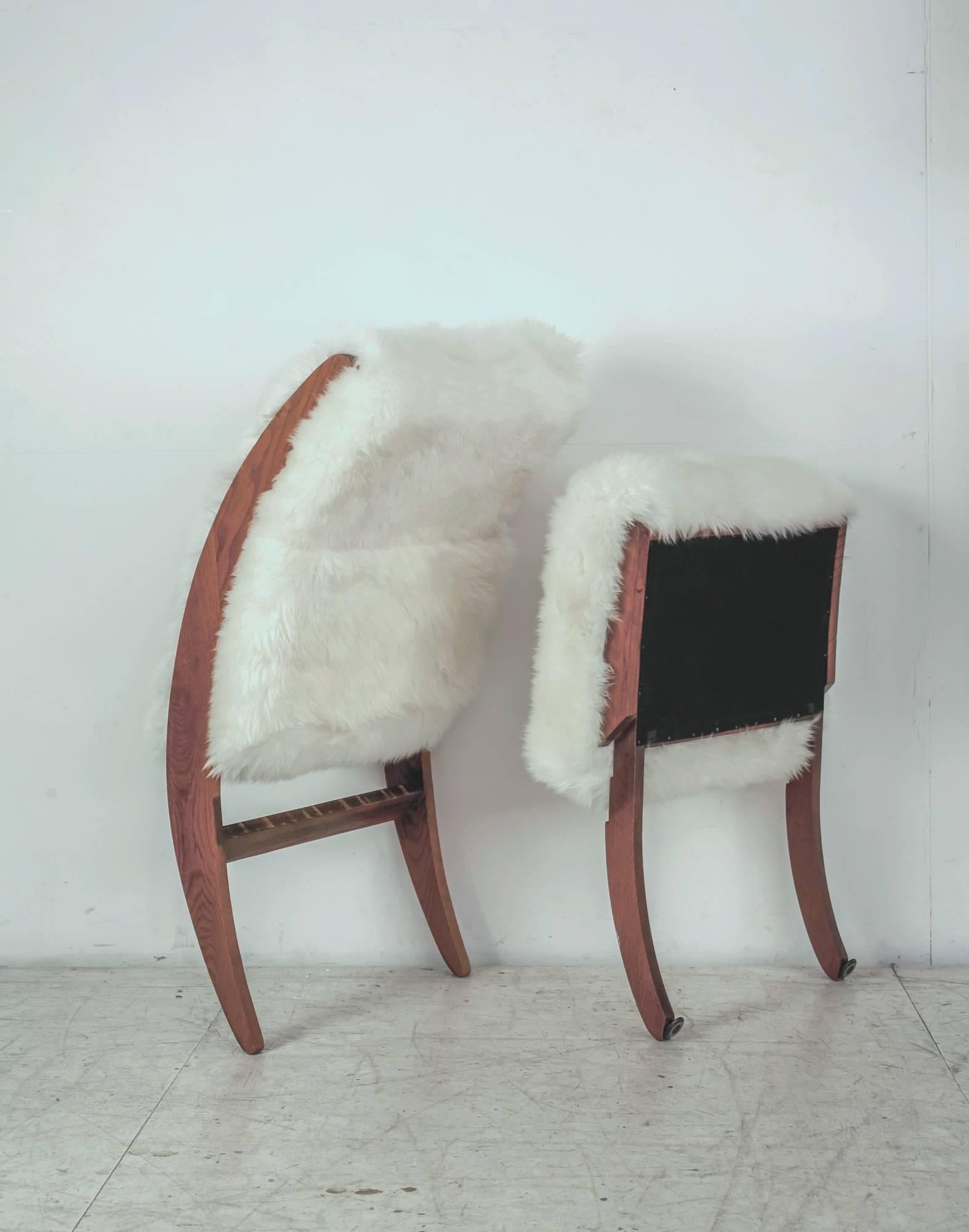 Oak Lounge Chair with White Sheepskin, USA, 1950s For Sale 2