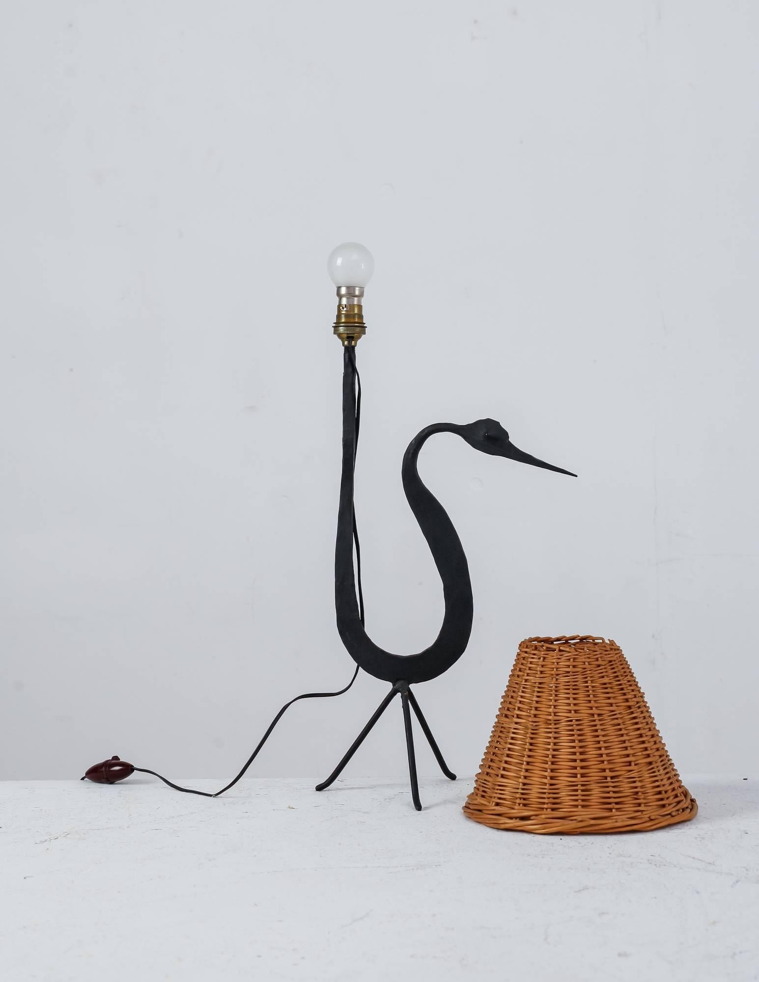 French Jean Touret Iron and Wicker Zoomorphic Table Lamp for Marolles, France, 1950s