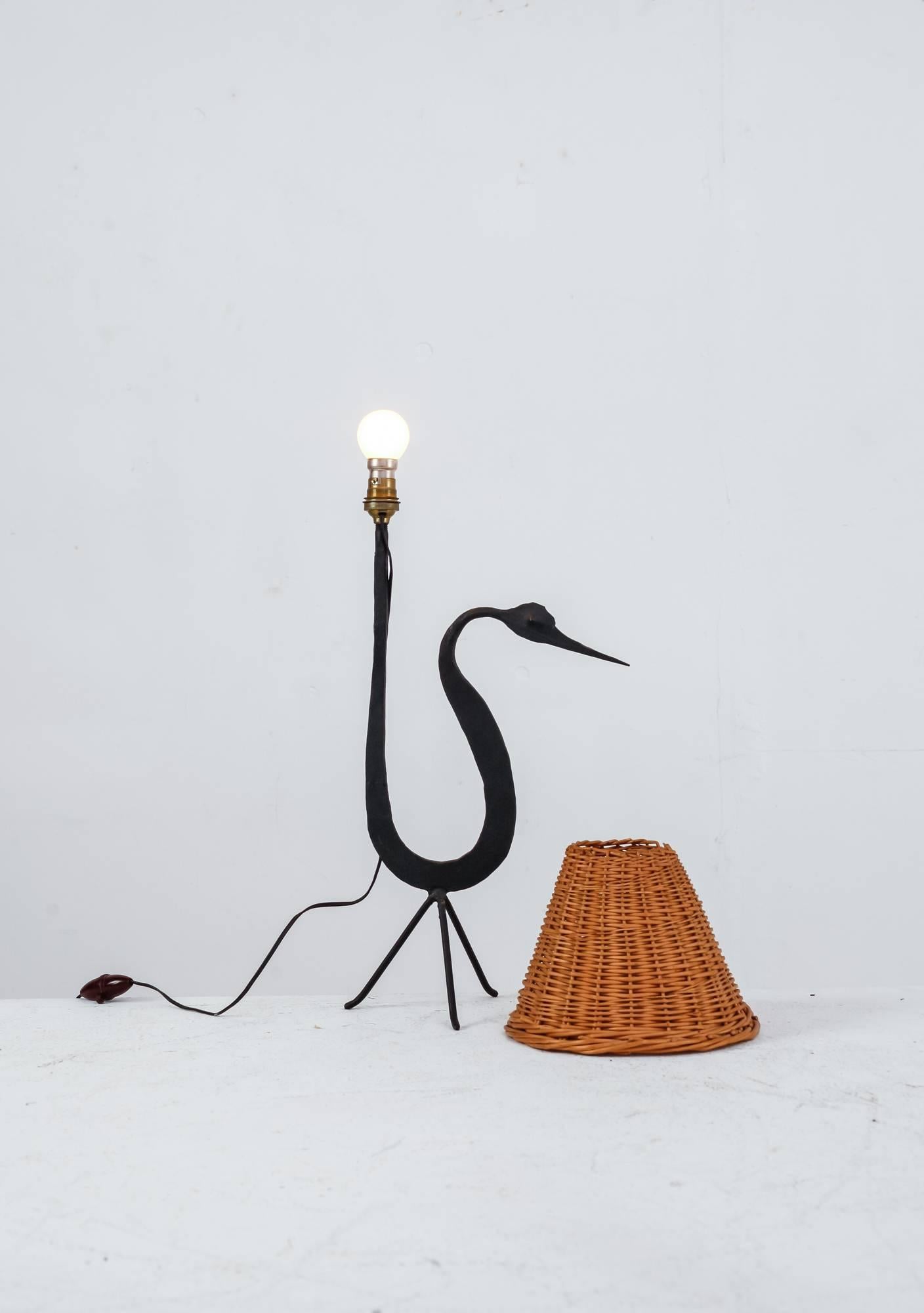 Mid-Century Modern Jean Touret Iron and Wicker Zoomorphic Table Lamp for Marolles, France, 1950s