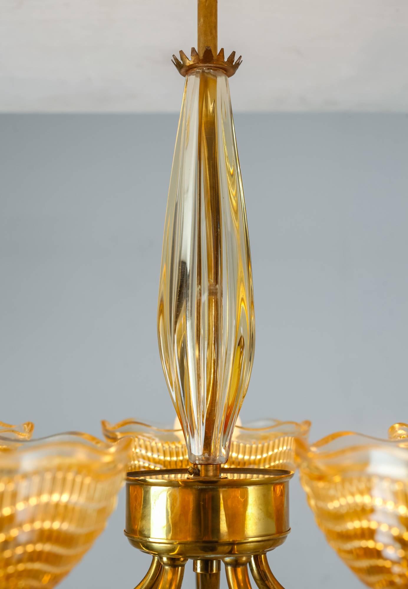 Mid-20th Century Orrefors Brass and Yellow Glass Five-Arm Chandelier, Sweden, 1940s For Sale
