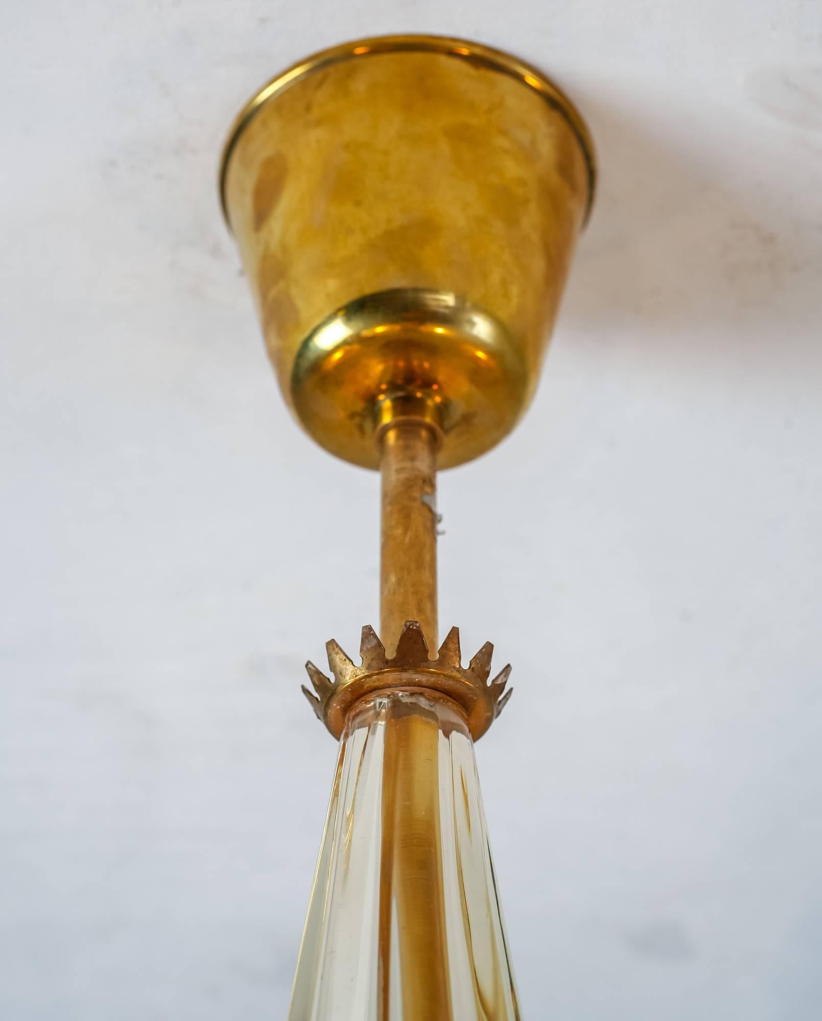 Orrefors Brass and Yellow Glass Five-Arm Chandelier, Sweden, 1940s For Sale 2