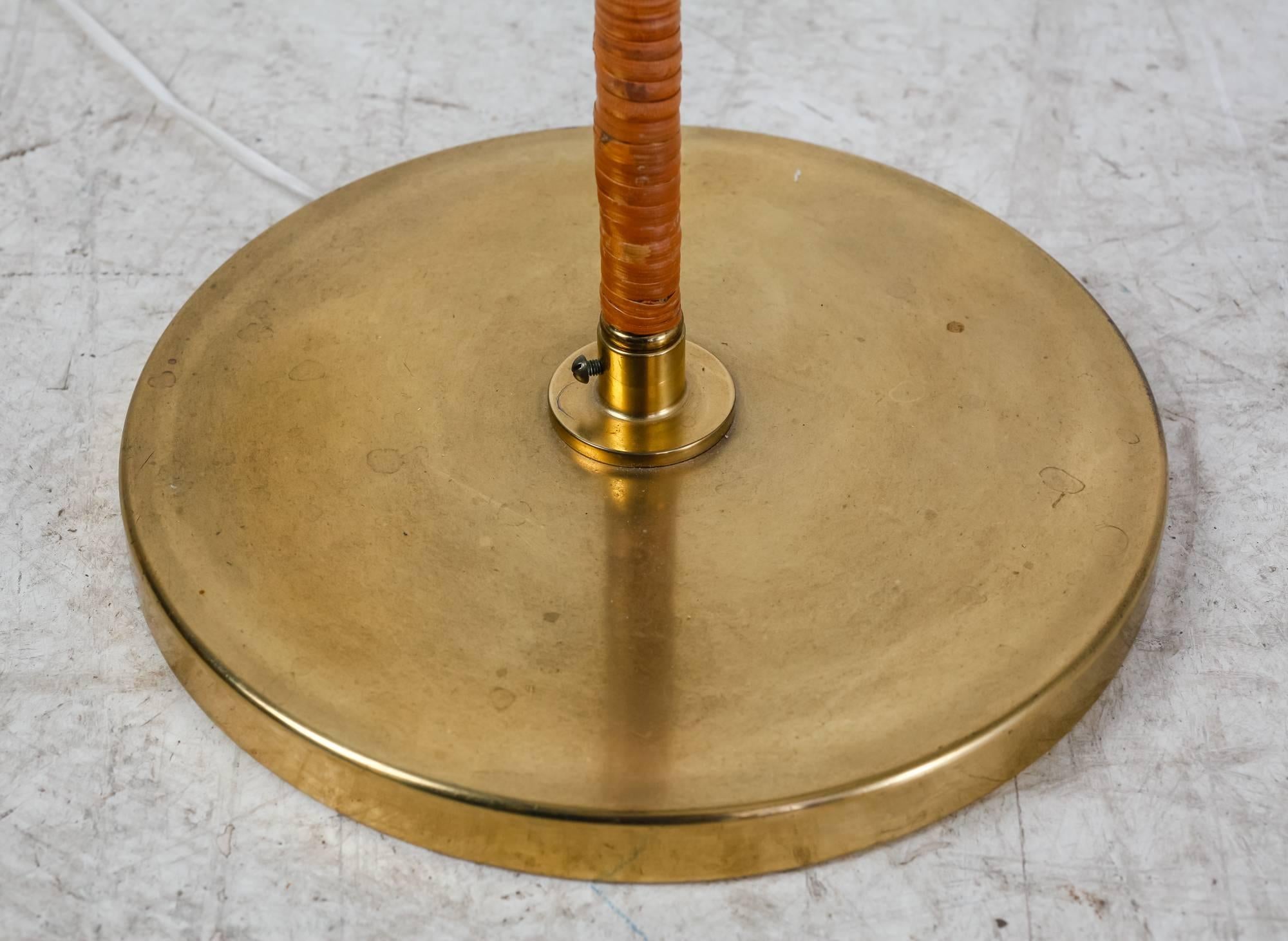 Brass Floor Lamp with Cane Covered Stem, Finland, 1950s For Sale 1