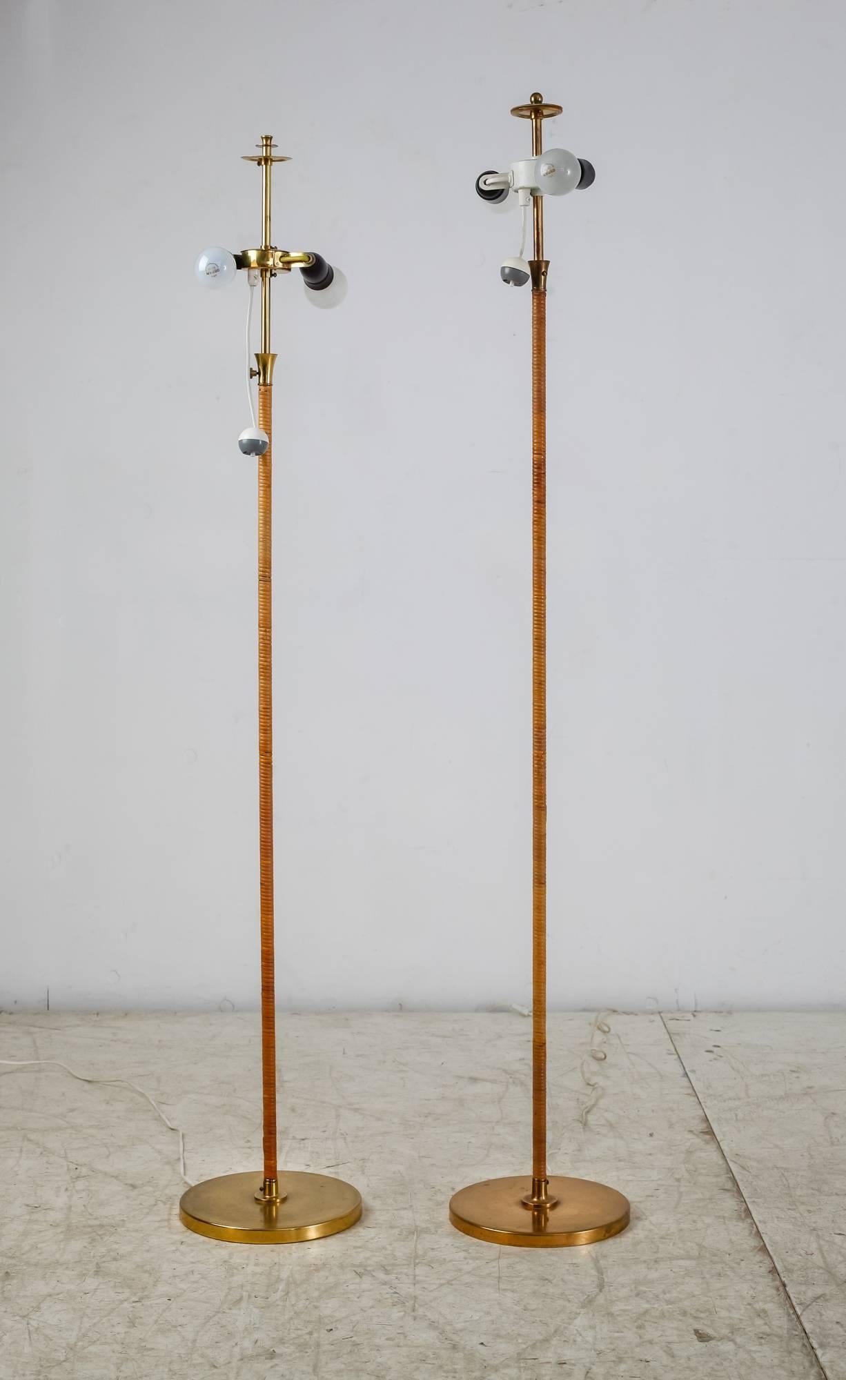 Brass Floor Lamp with Cane Covered Stem, Finland, 1950s For Sale 4