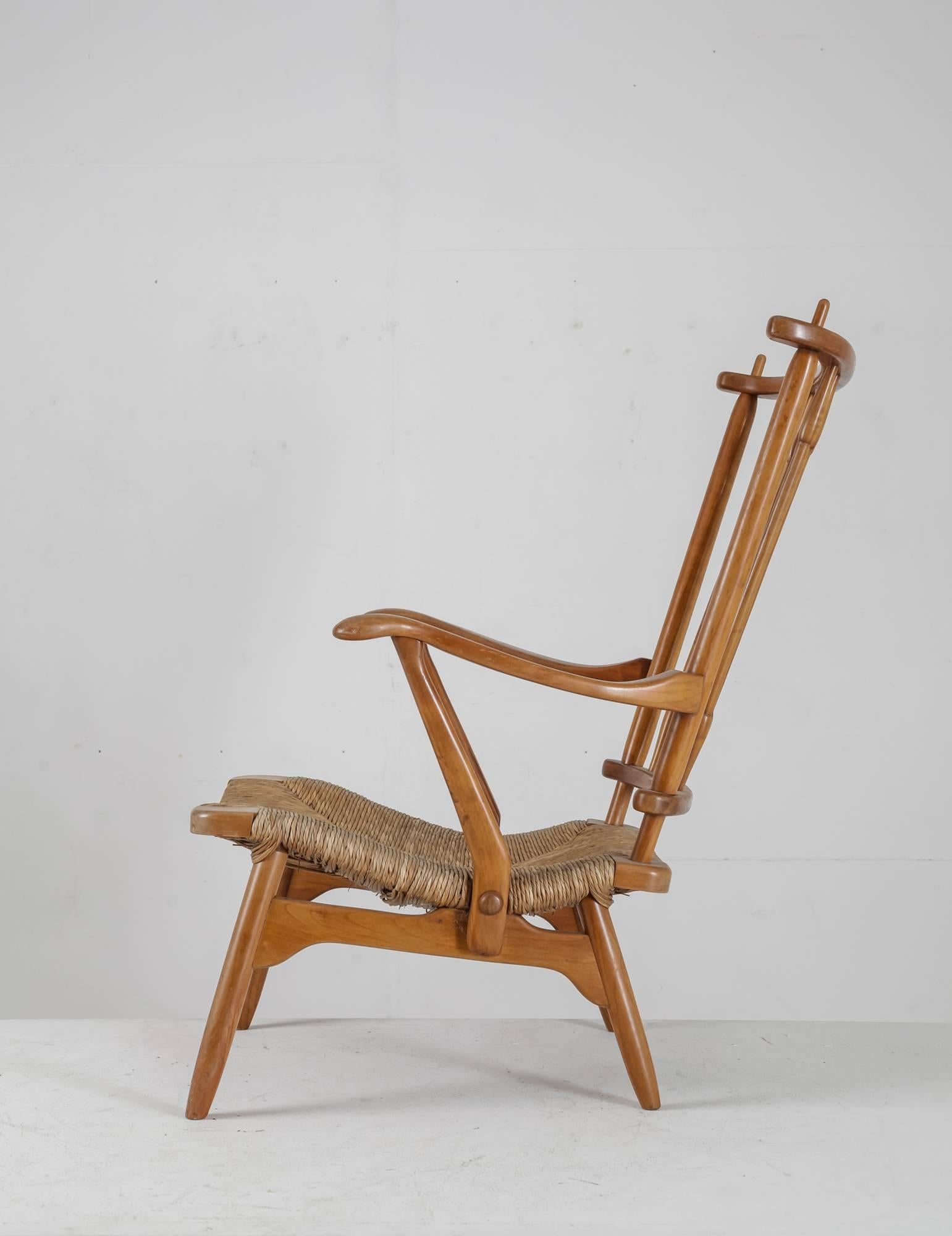 Dutch Armchair with Papercord Seating and Spindle Backrest, Netherlands, 1950s For Sale