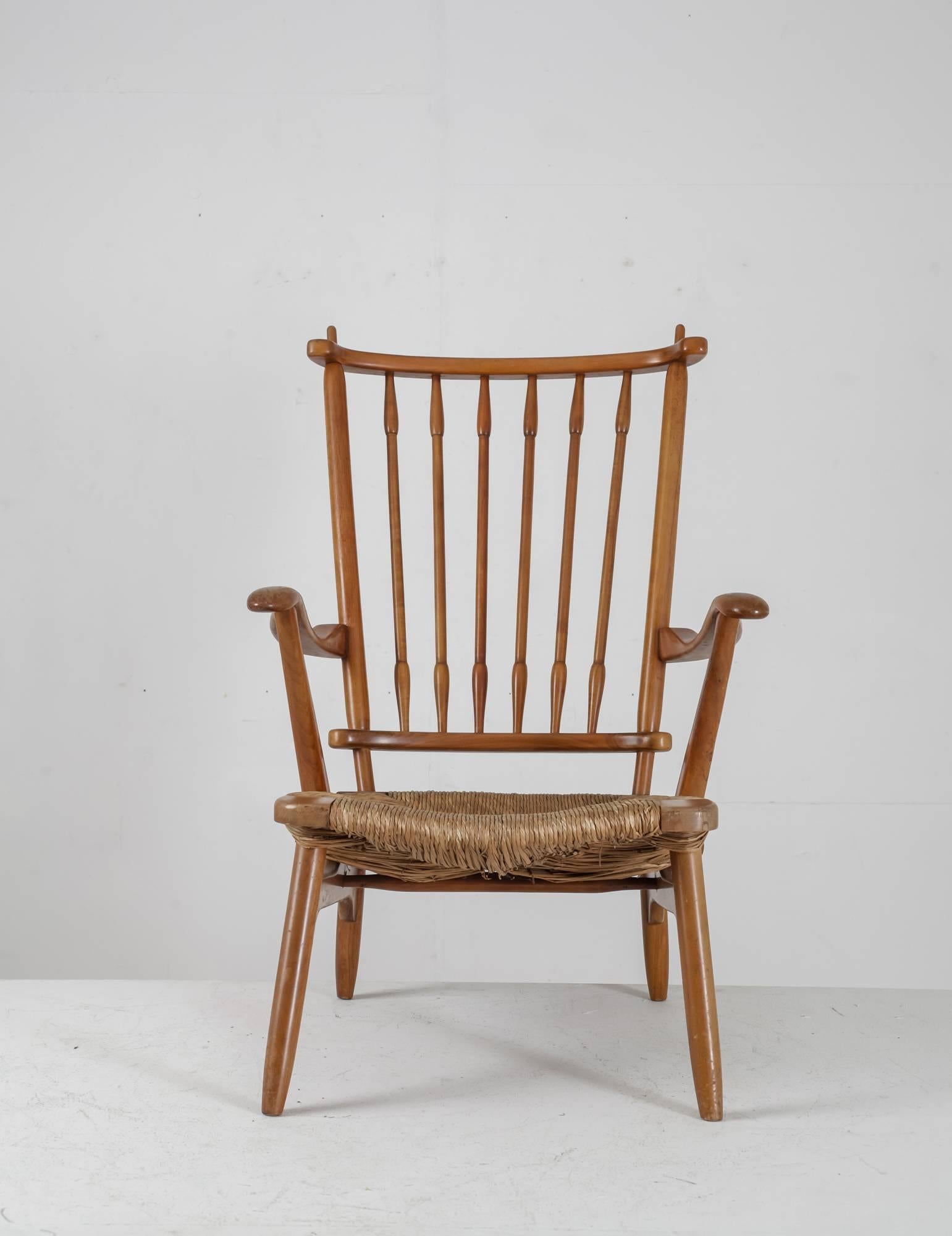 Mid-Century Modern Armchair with Papercord Seating and Spindle Backrest, Netherlands, 1950s For Sale
