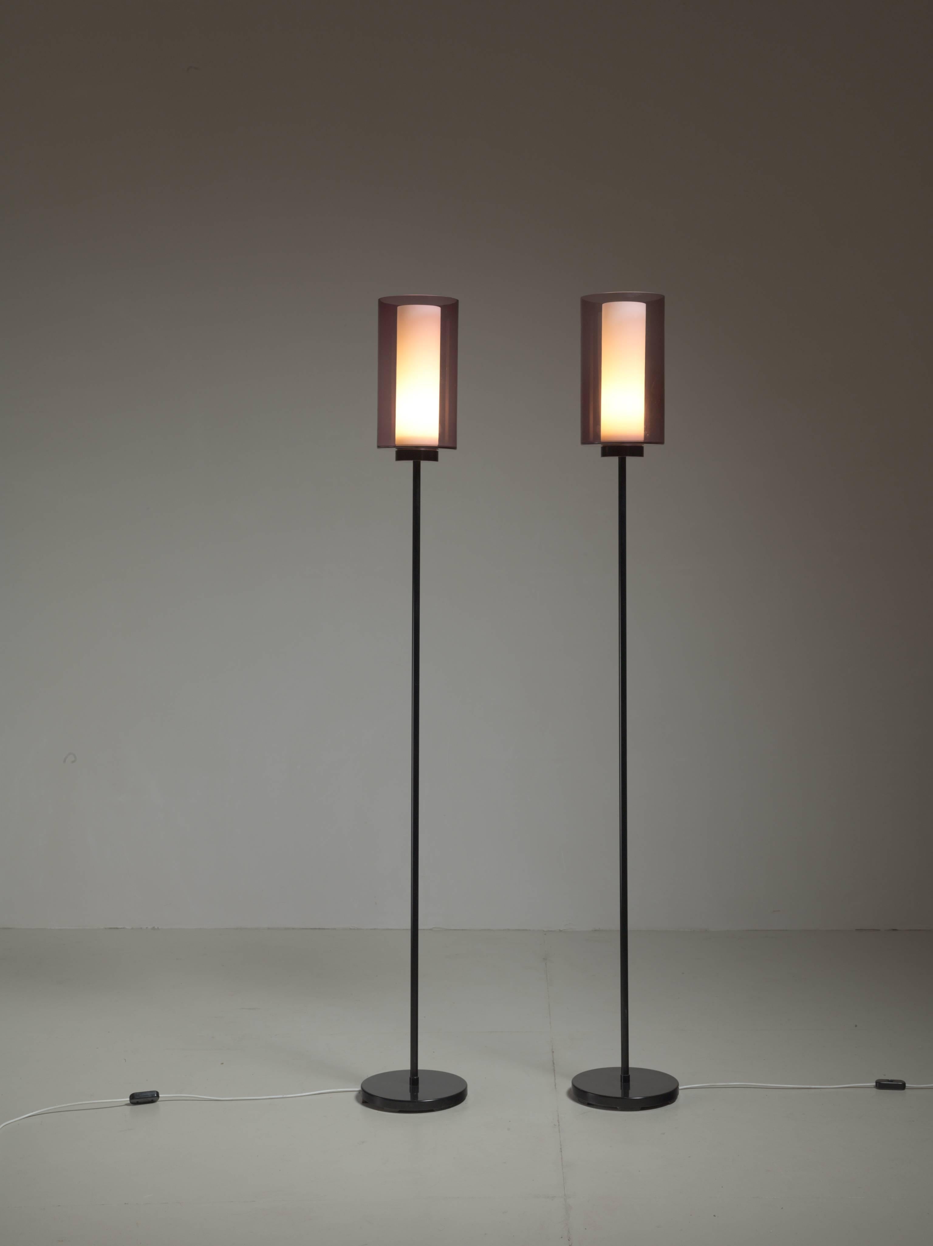 A unique pair of floor lamps with a red glass shade by Tapio Wirkkala for Iittala.
The shades are original old stock from the 1950s, with labels and in a perfect condition. Measures: The shades are 20 cm (8 inch) high and have a diameter of 18.5 cm