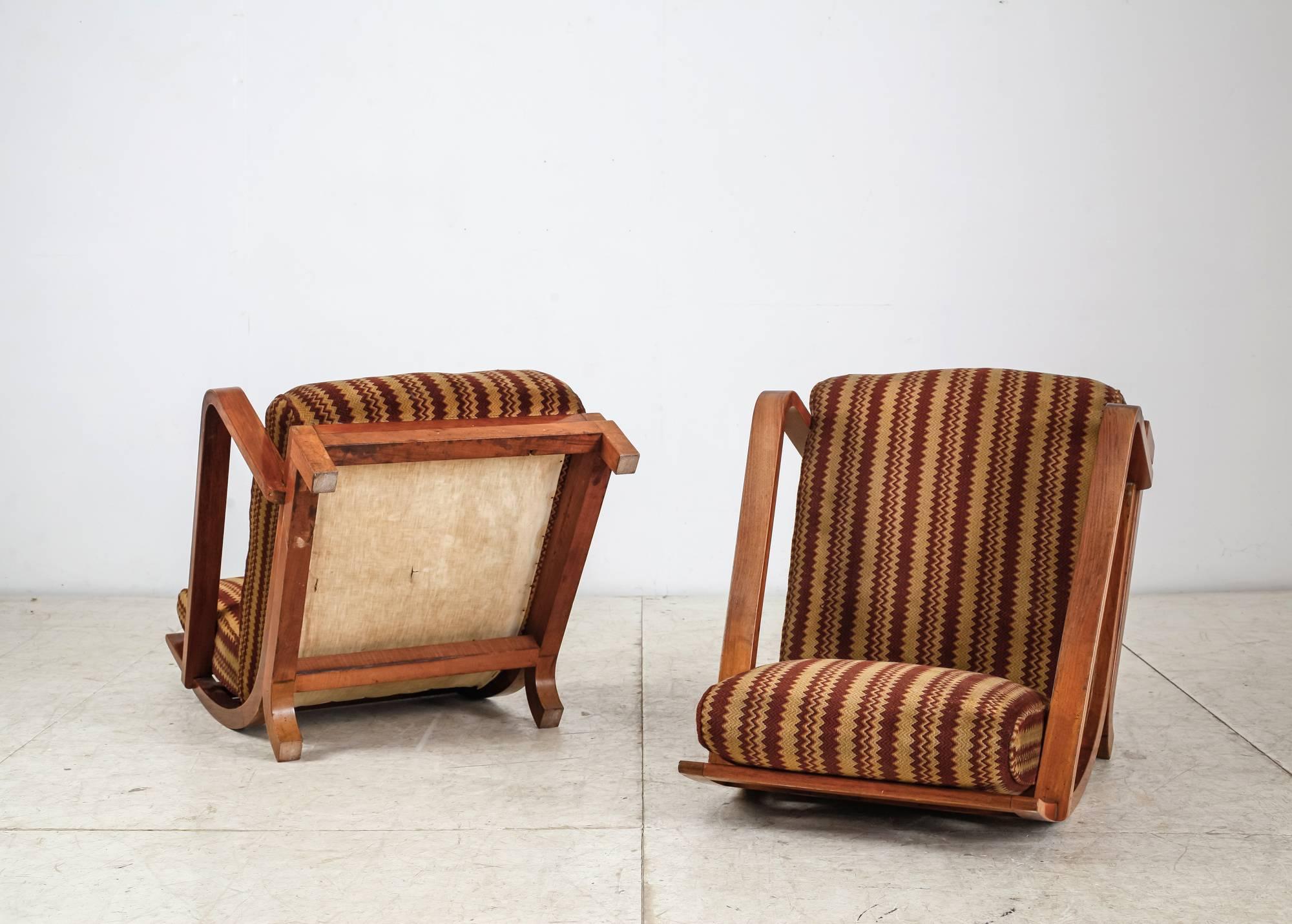 Swedish Pair of Large Art Deco Mahogany and Velour Lounge Chairs, Sweden, 1930s